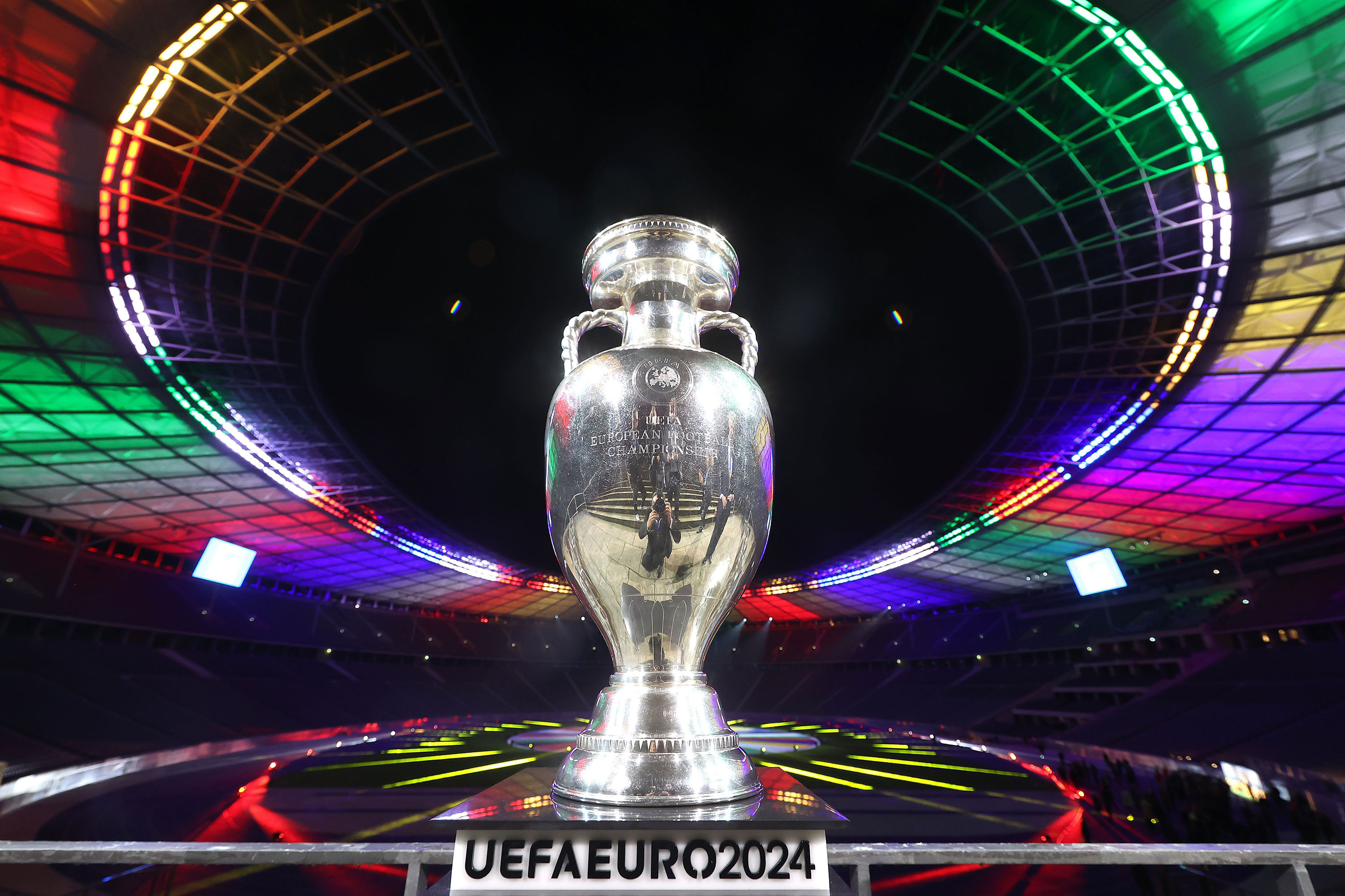 The UEFA Euro 2024 trophy is pictured in Berlin in 2021.