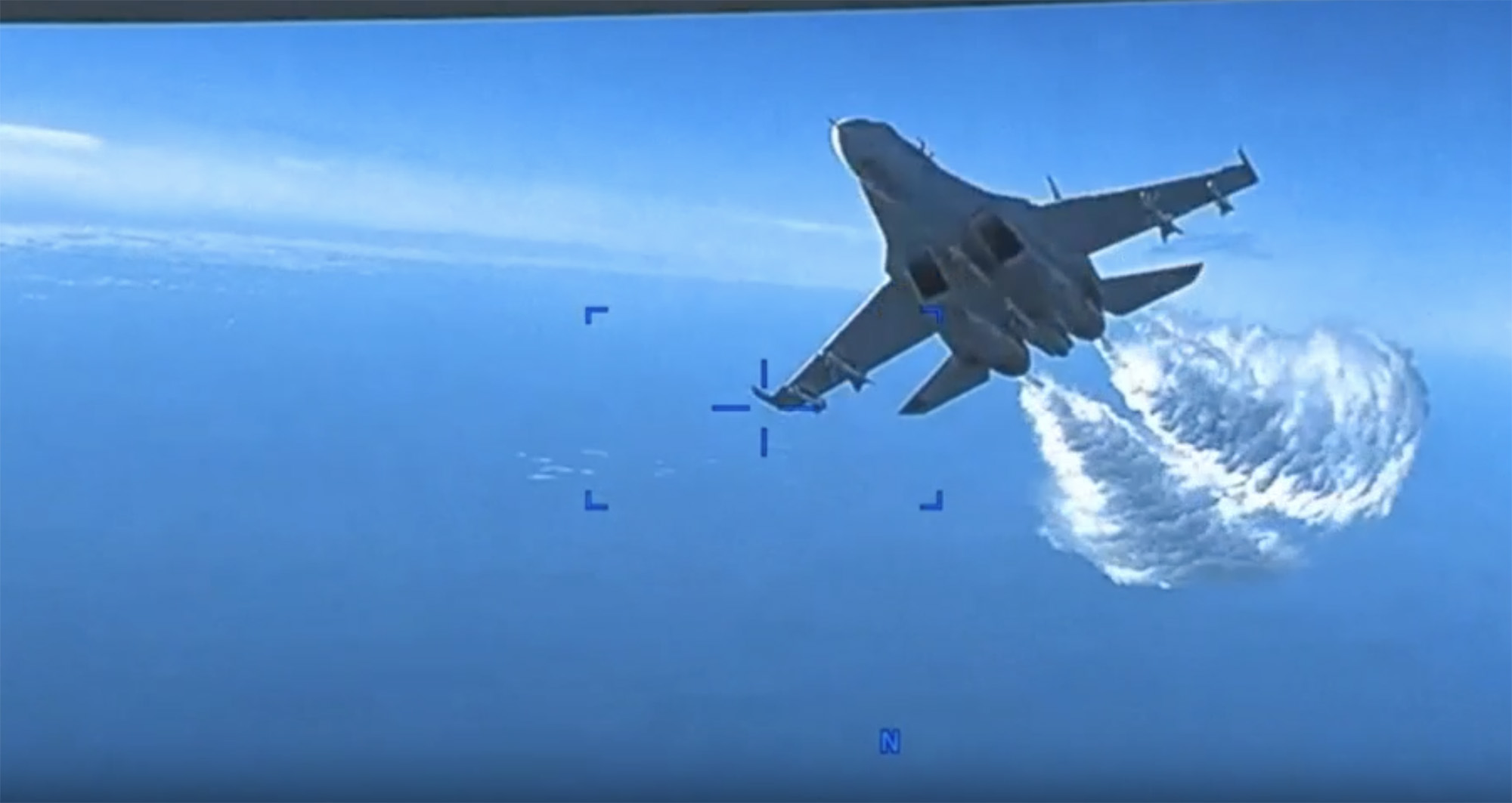 US Air Force MQ-9 camera footage shows the Russian Su-27 intercept of the US drone over the Black Sea on Tuesday. 