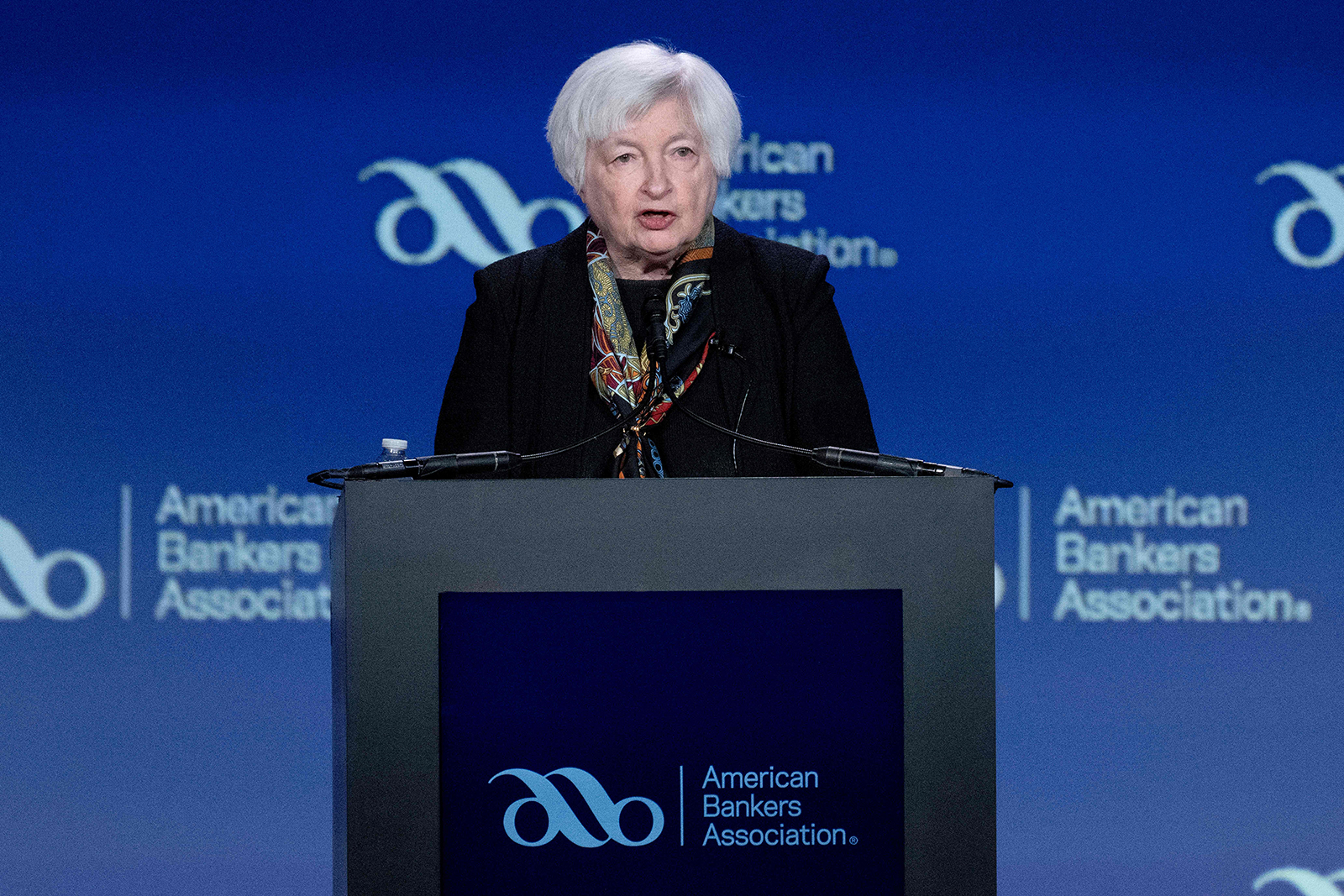 US Treasury Secretary Janet Yellen delivering a keynote address at the American Bankers Association's (ABA) 2023 Washington Summit in Washington, DC, today.