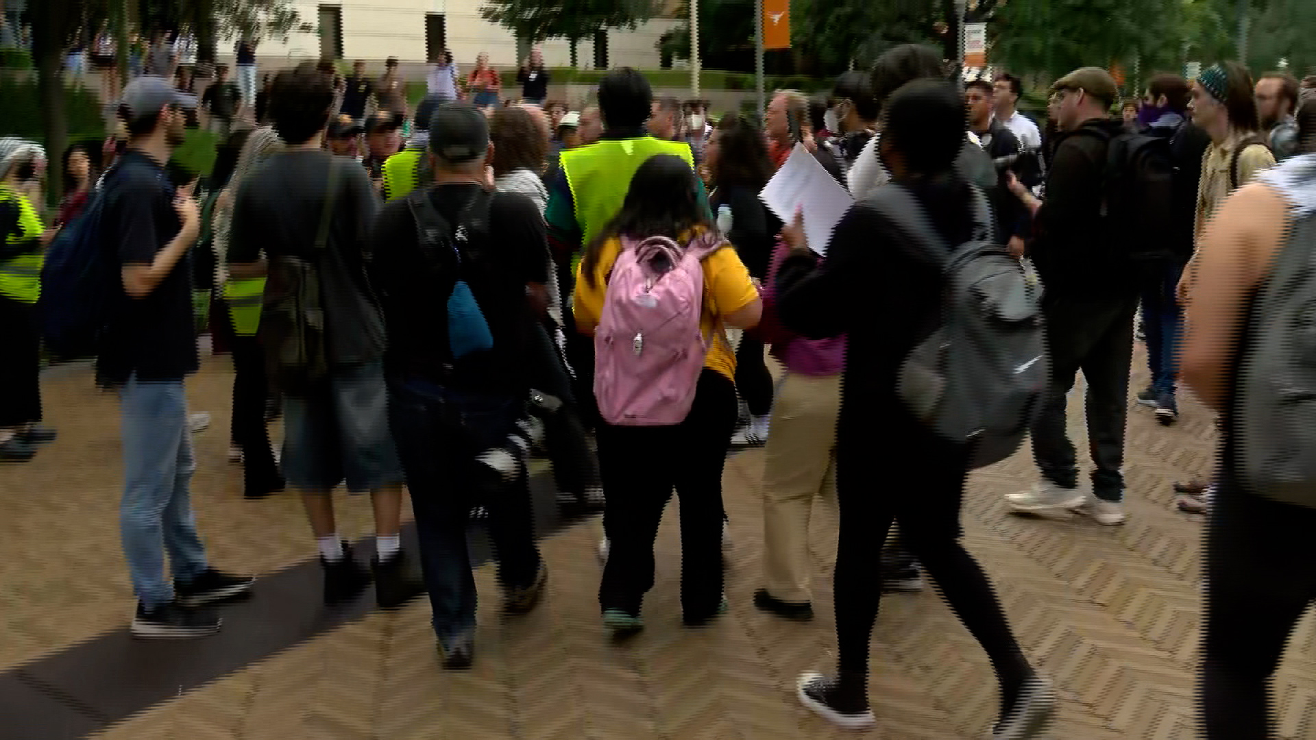 People are seen gathering around an altercation during protests at University of Texas in Austin today.