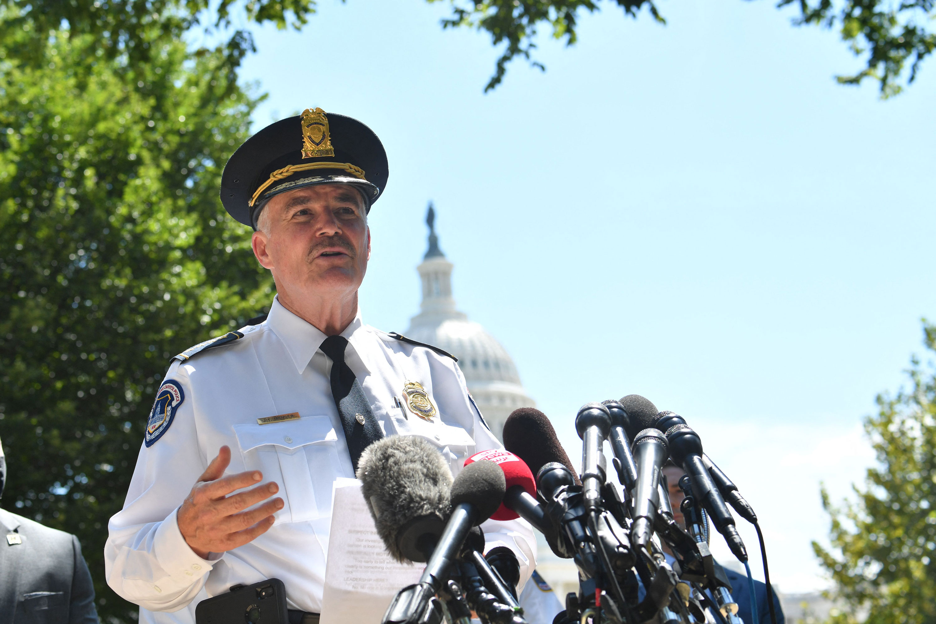 US Capitol Police Chief J. Thomas Manger speaks to the press near the Capitol on August 19.
