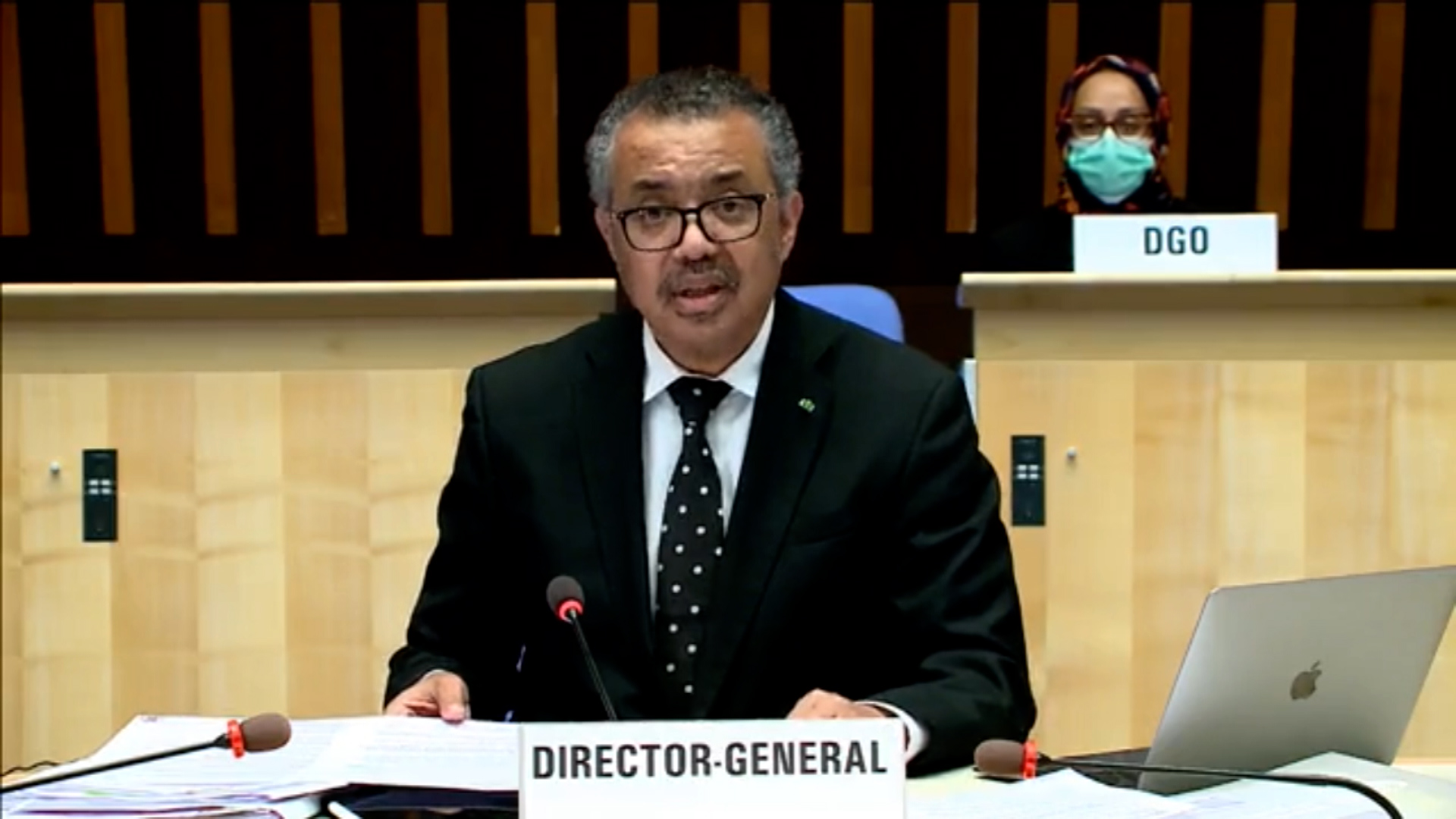 World Health Organization Director-General Tedros Adhanom Ghebreyesus speaks during the closing of the 74th World Health Assembly on May 31.