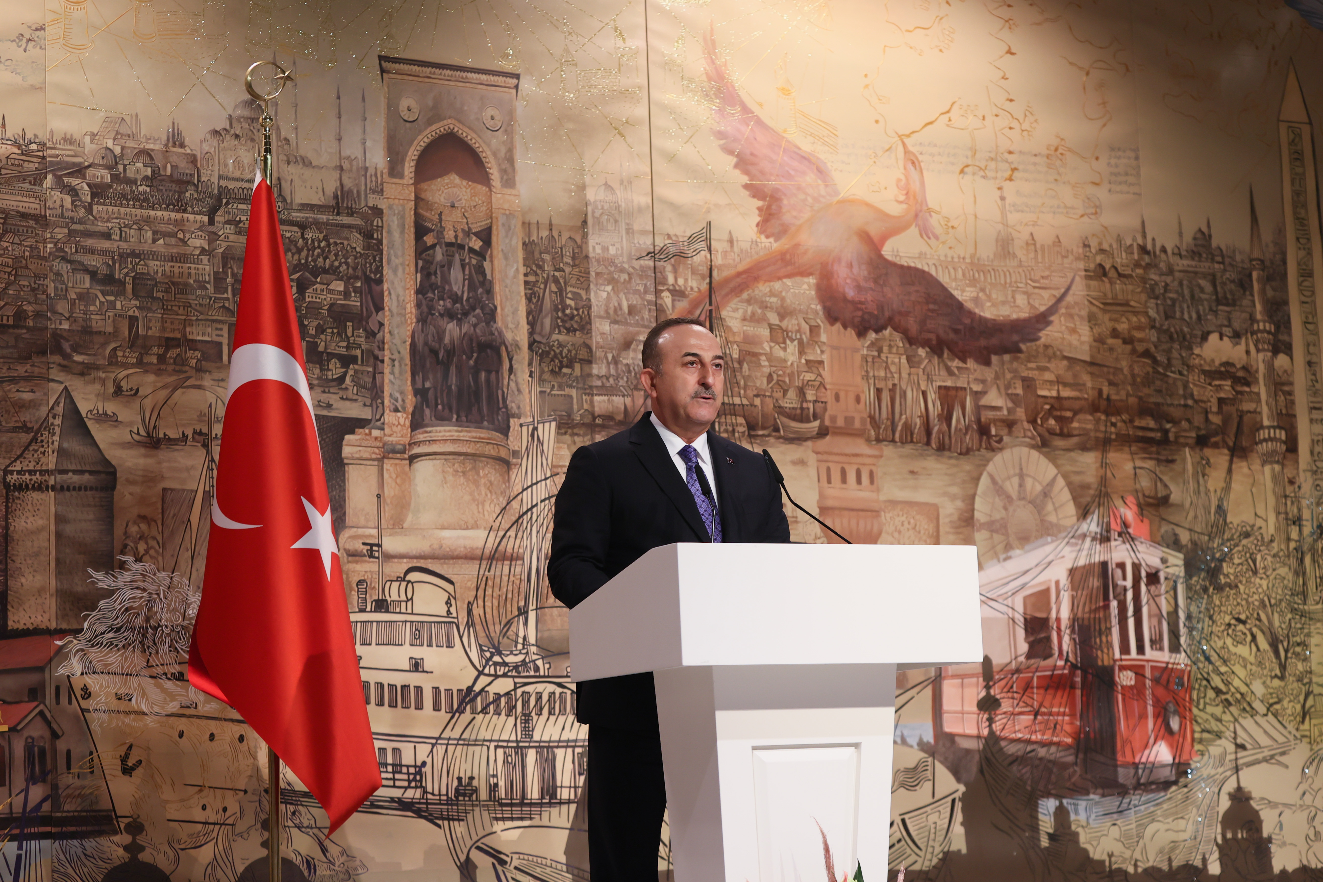 Turkish Foreign Minister Mevlut Cavusoglu holds a press conference after the peace talks between delegations from Russia and Ukraine at Dolmabahce Presidential Office in Istanbul, Turkey, on March 29.