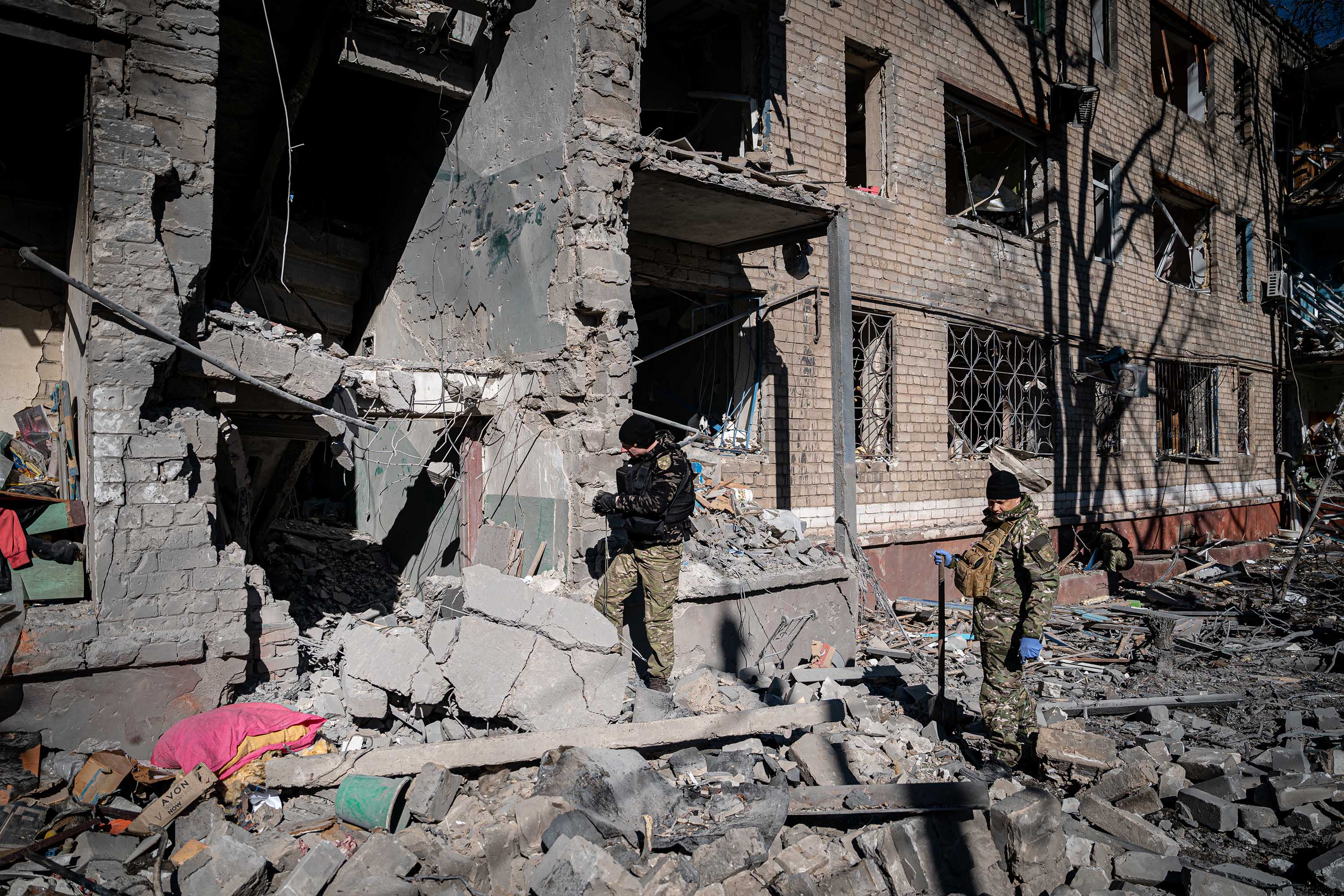 Ukrainians inspect the site after a Russian missile attack in Kramatorsk, Ukraine on March 14. 