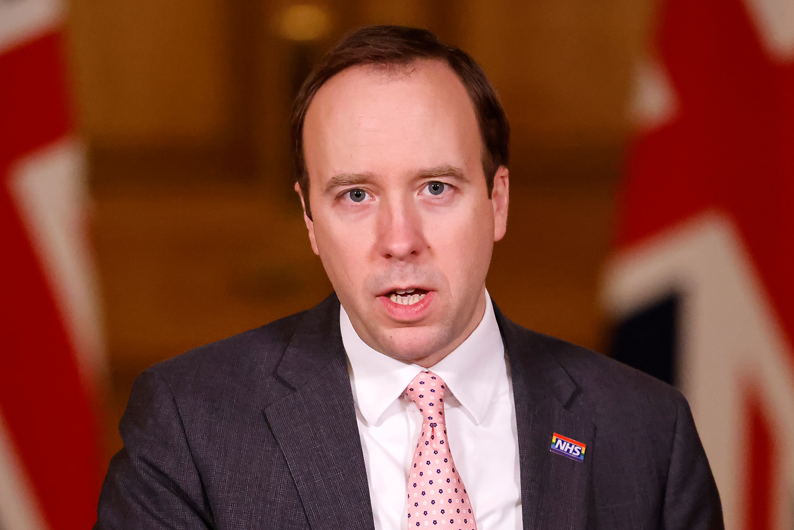 Health Secretary Matt Hancock speaks during a virtual news conference at 10 Downing Street in London, on February 8.