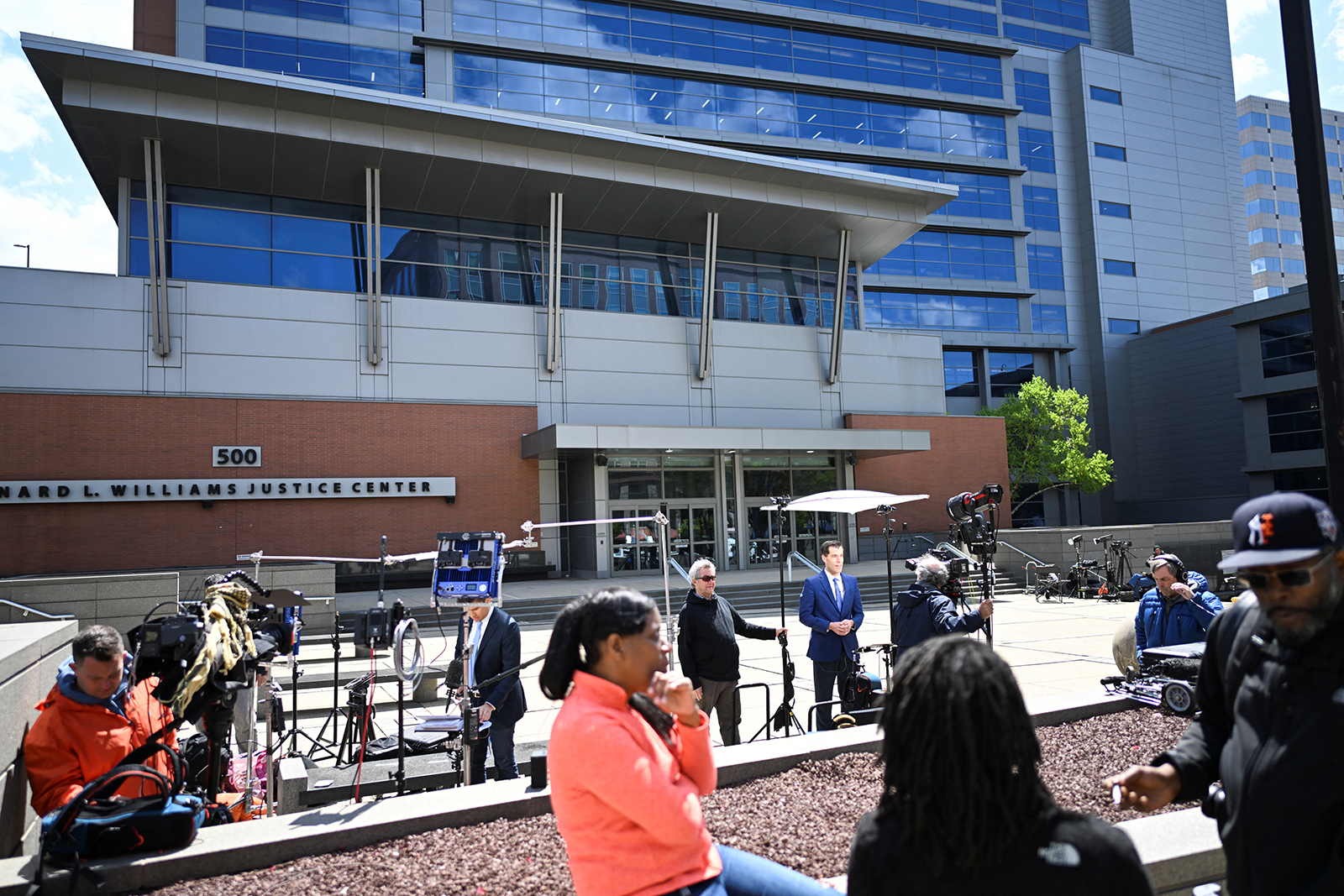 A general view of the Leonard L. Williams Justice Center in Wilmington, Delaware, as media members stand outside, on April 18.