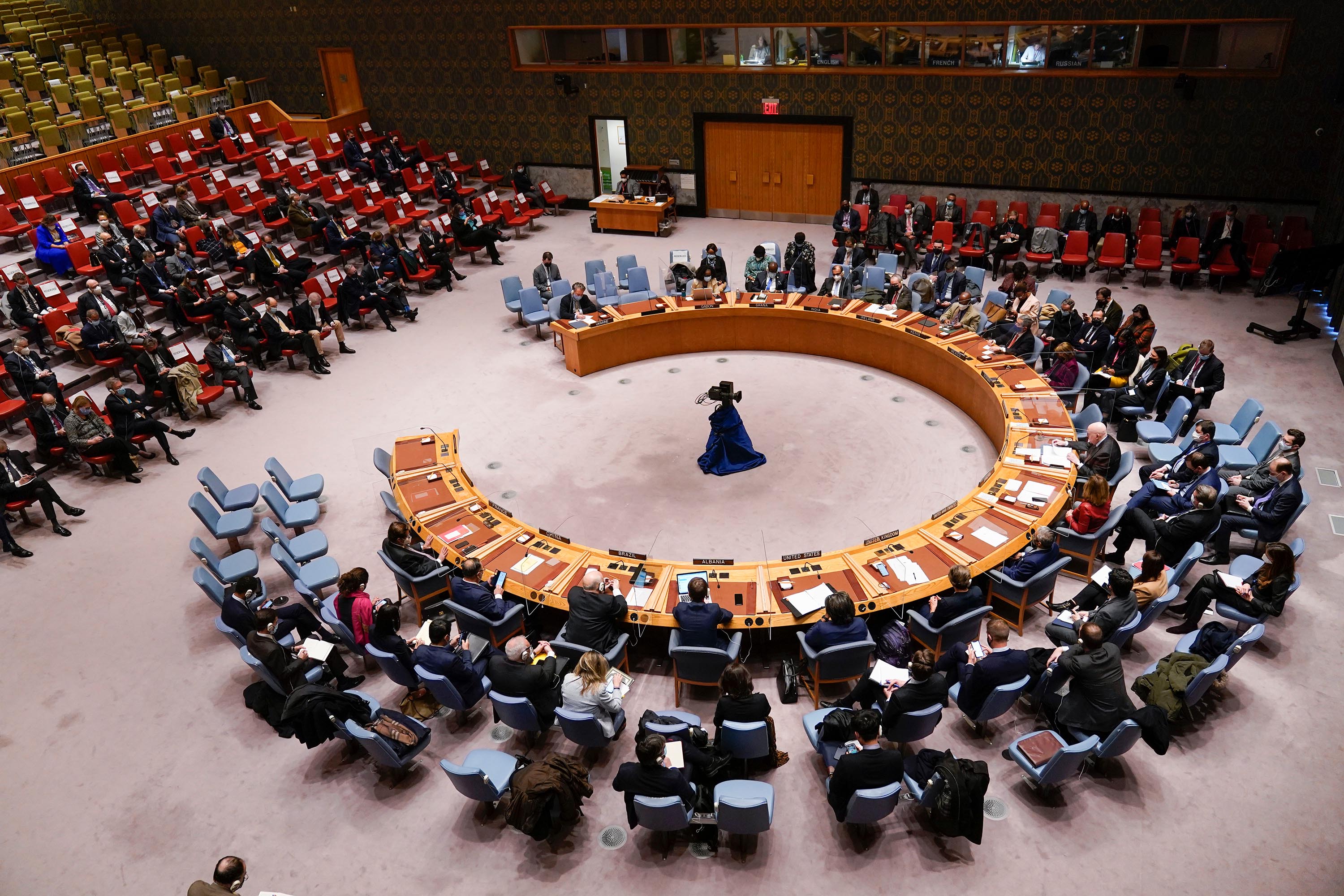 Ambassadors speak during a Security Council meeting at United Nations headquarters, Sunday, February 27.