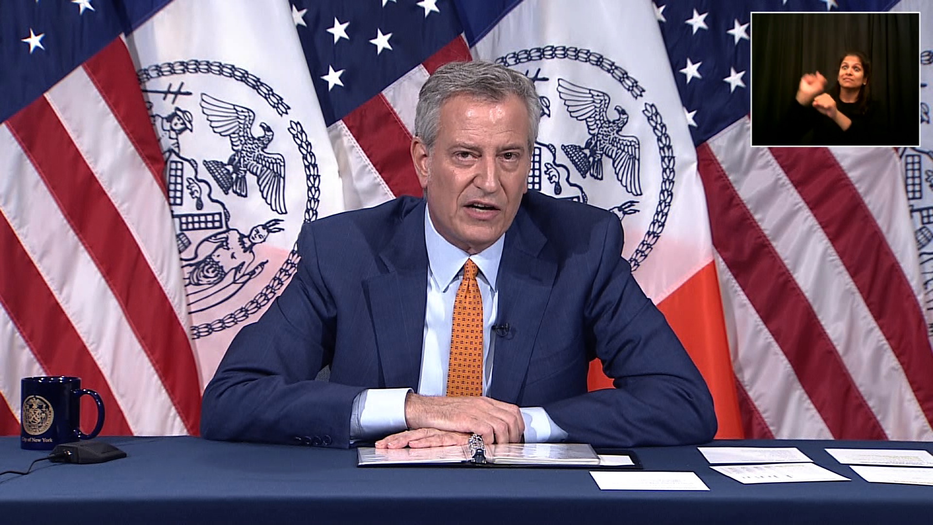 New York City Mayor Bill de Blasio speaks during a coronavirus briefing in New York City on May 27.