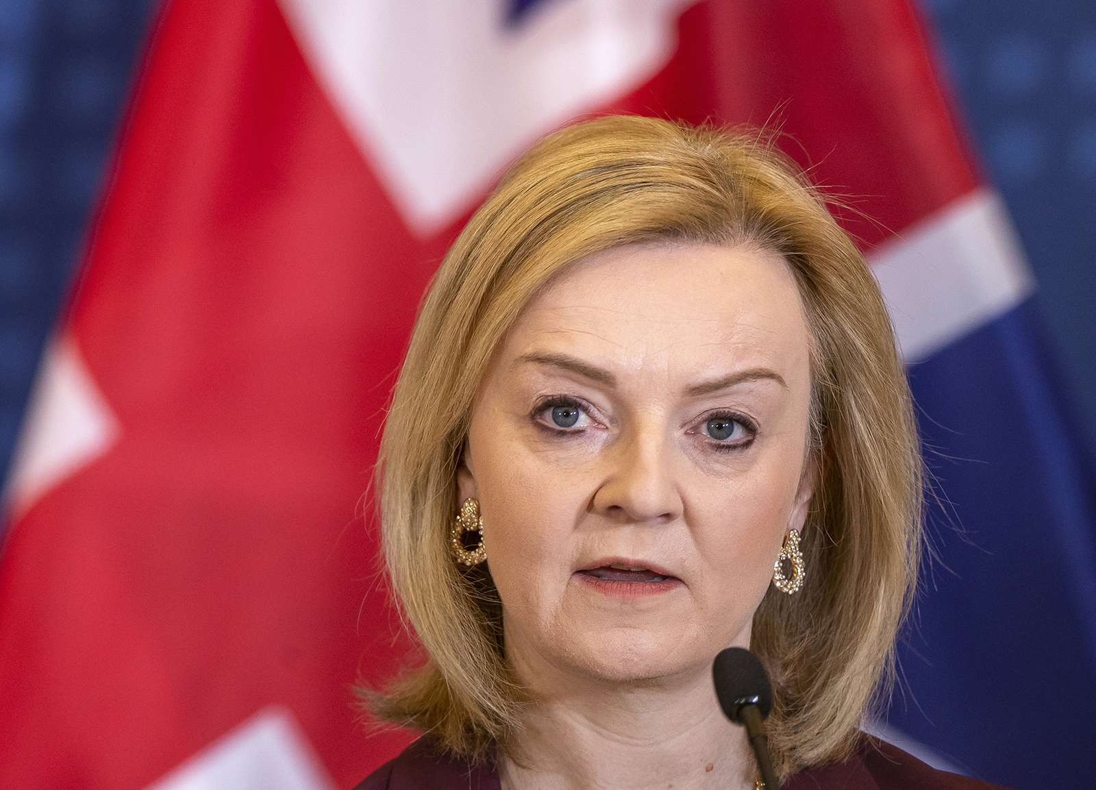 Britain's Foreign Secretary Liz Truss speaks during a joint news conference with her counterparts from Lithuania, Latvia and Estonia at the Ministry of Foreign Affairs in Vilnius, Lithuania, on March 3.