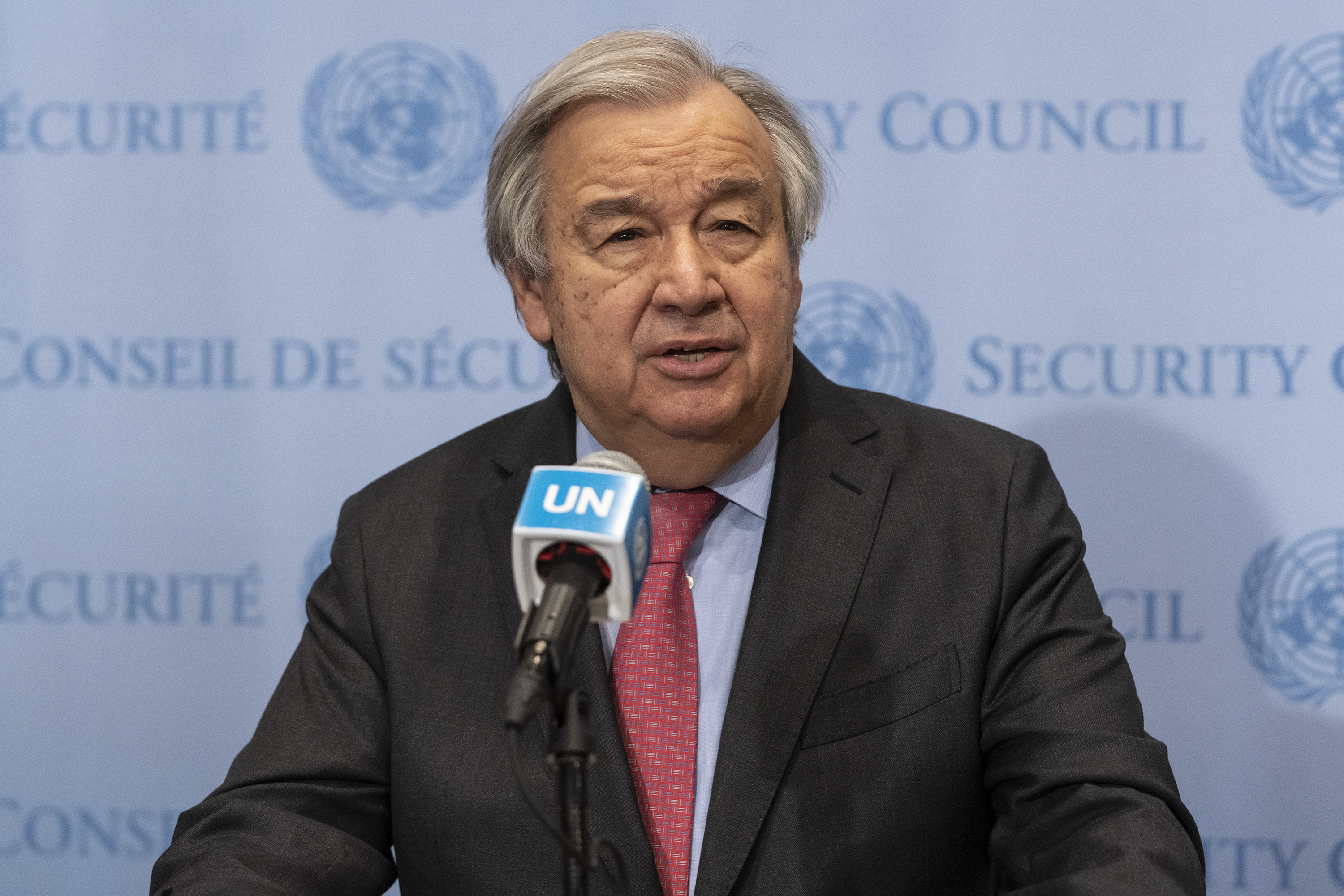 United Nations Secretary-General Antonio Guterres briefs the press on the war in Ukraine at UN Headquarters in New York on March 14. 