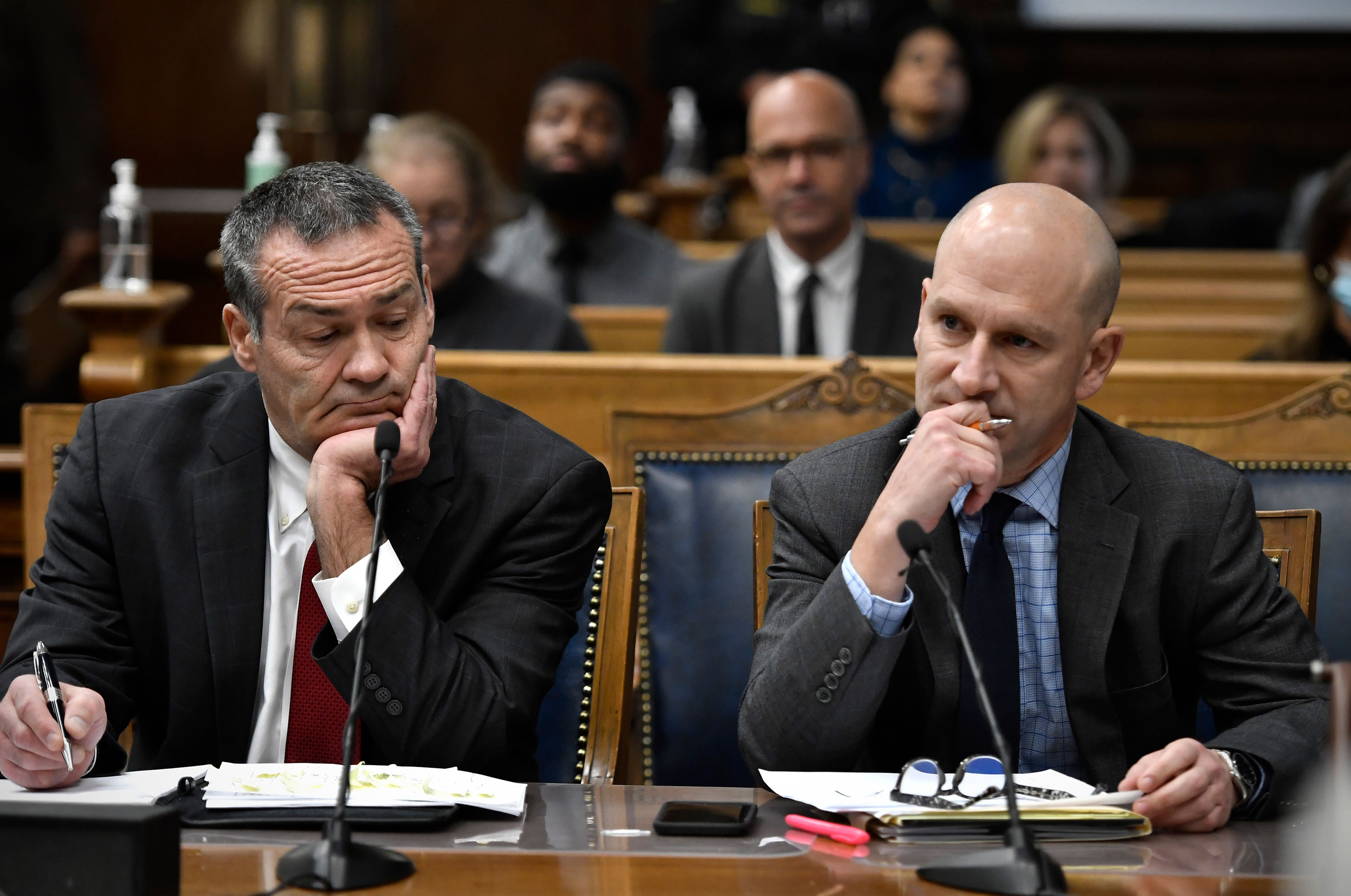Kyle Rittenhouse's attorneys Mark Richards, left, and Corey Chirafisi listen during the trial in Kenosha, Wisconsin, on Tuesday.