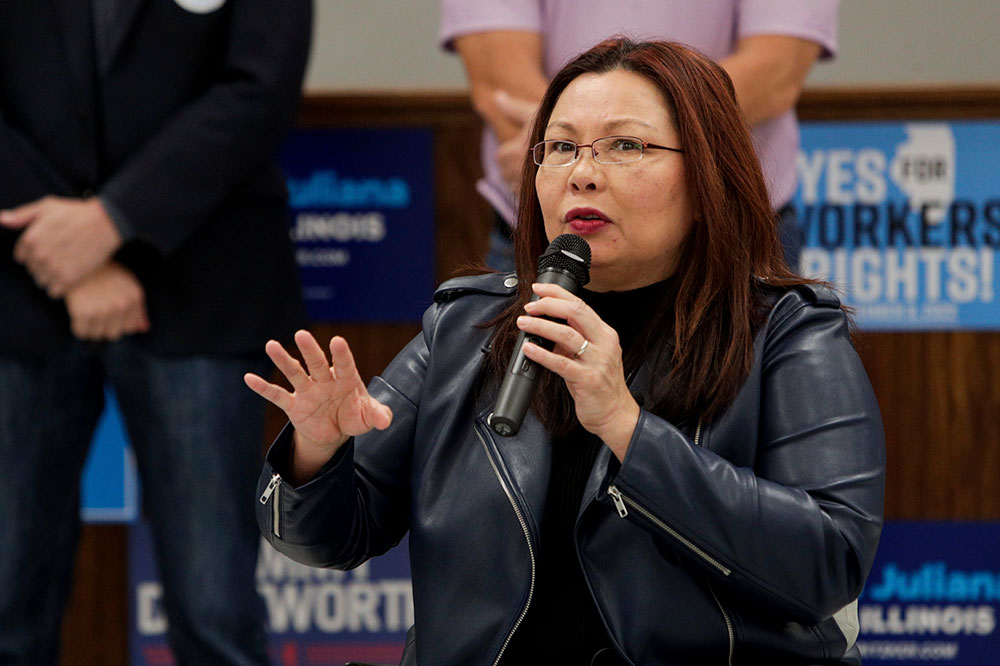 Duckworth speaks during a Get Out the Vote Rally on Monday, November. 7, in Moline, Illinois. 