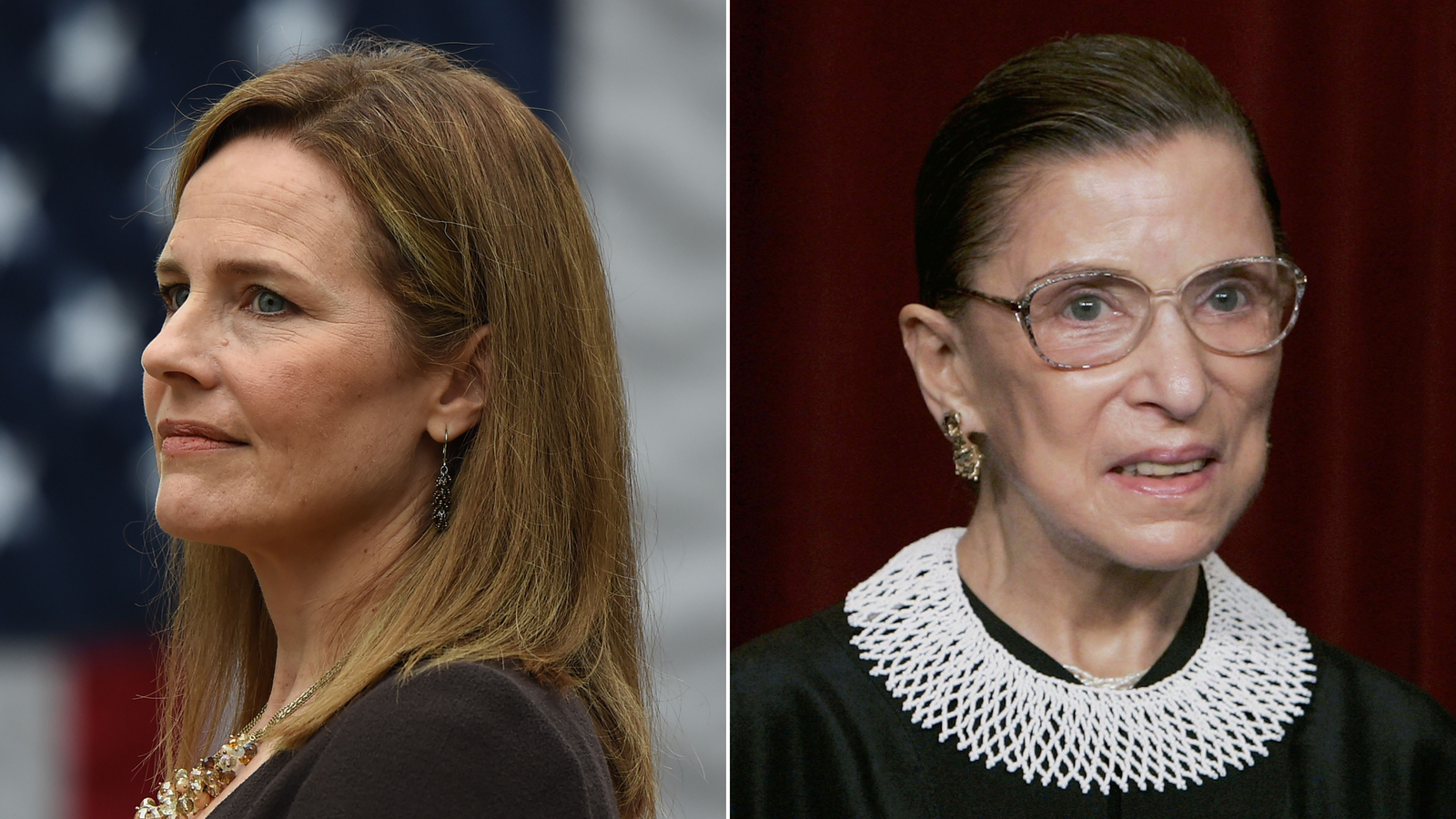 From left, Amy Coney Barrett and Justice Ruth Bader Ginsburg.