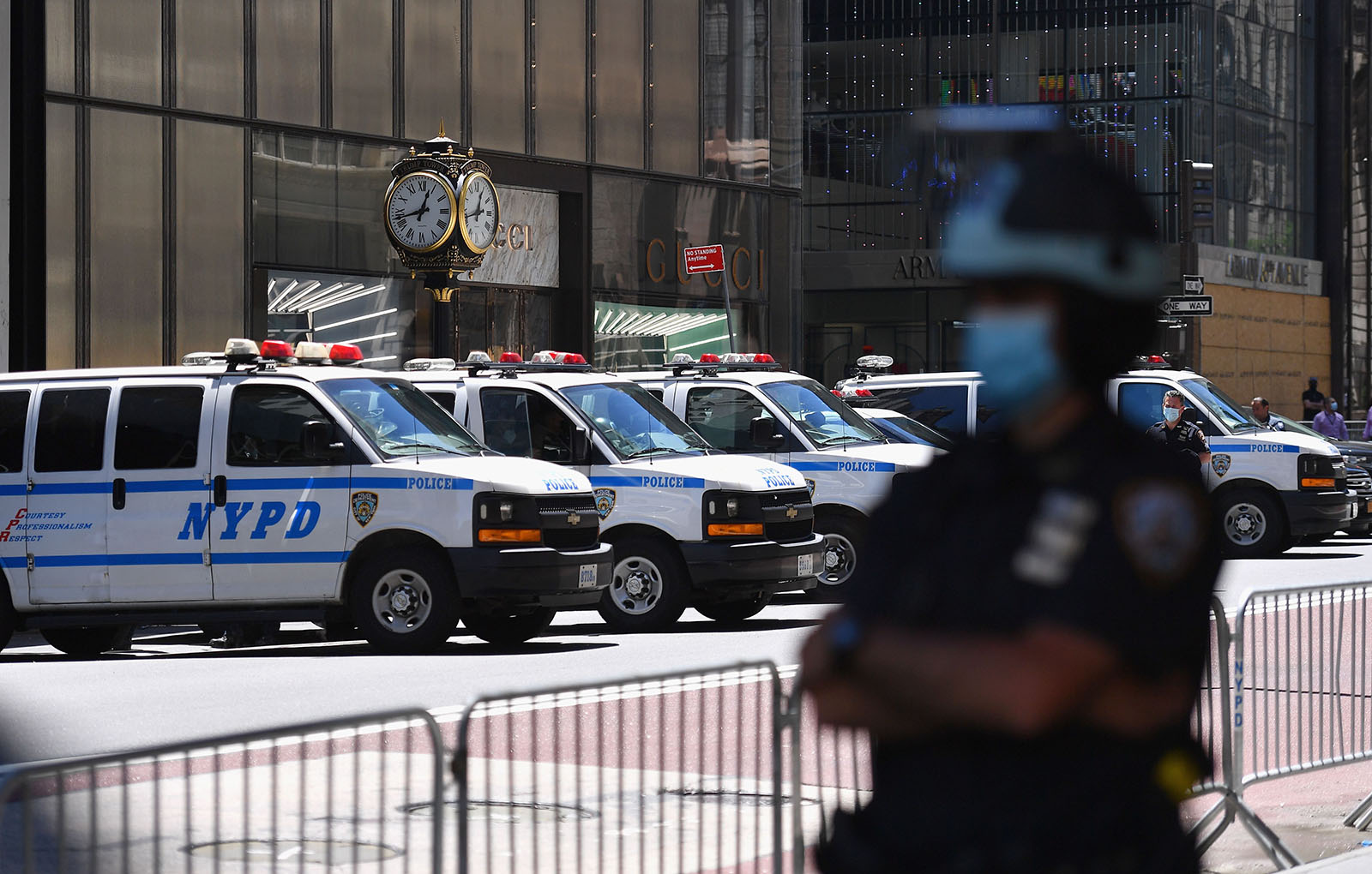 A NYPD officer stands guard on 5th Avenue at Trump Tower during a protest against police brutality and racial inequality in the aftermath over the death of George Floyd on June 12 in New York City. 