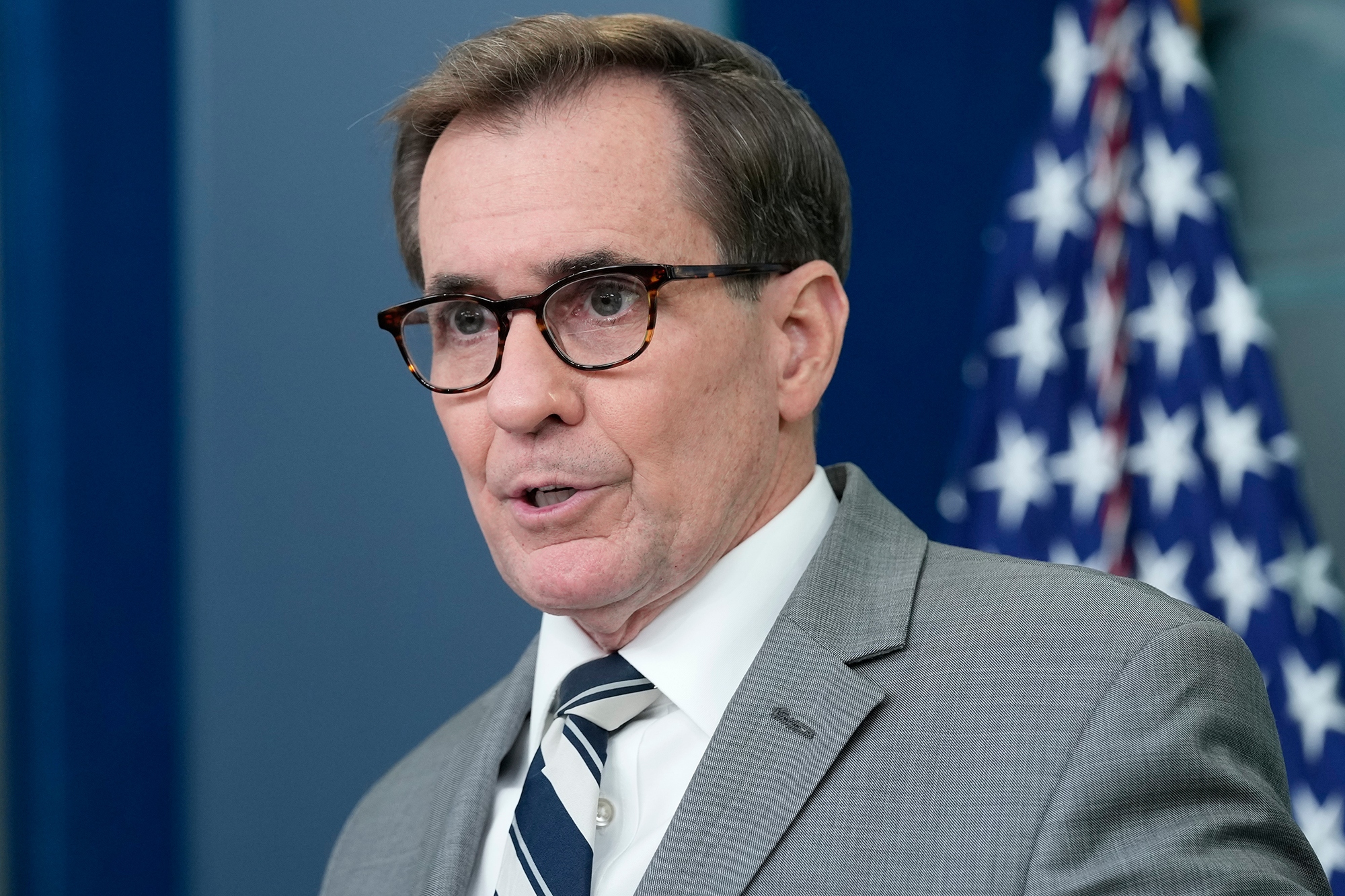 National Security Council spokesman John Kirby speaks during a daily briefing at the White House on April 20. 