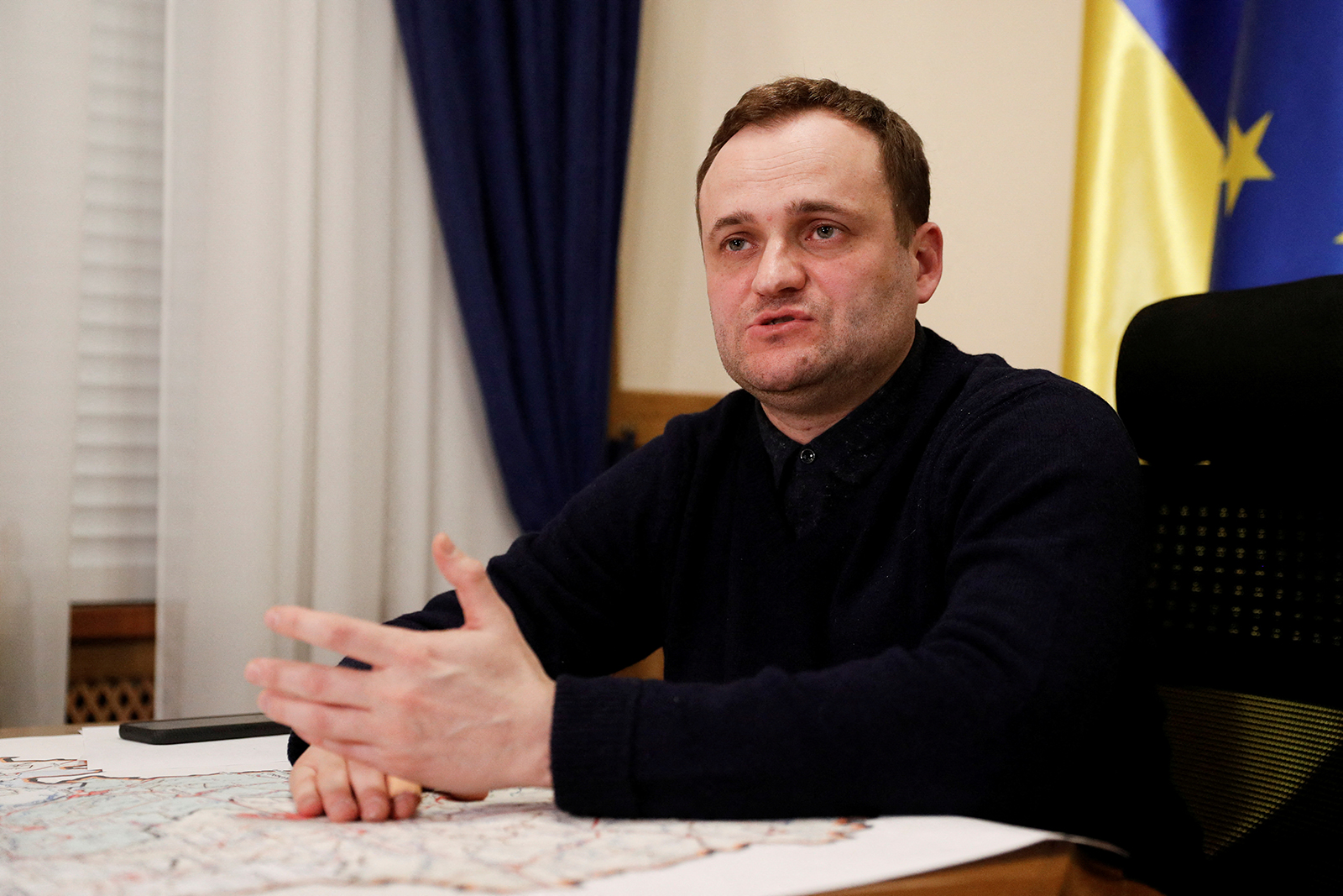 Governor of the Kyiv region, Oleksiy Kuleba, speaks during an interview in Kyiv on March 8.