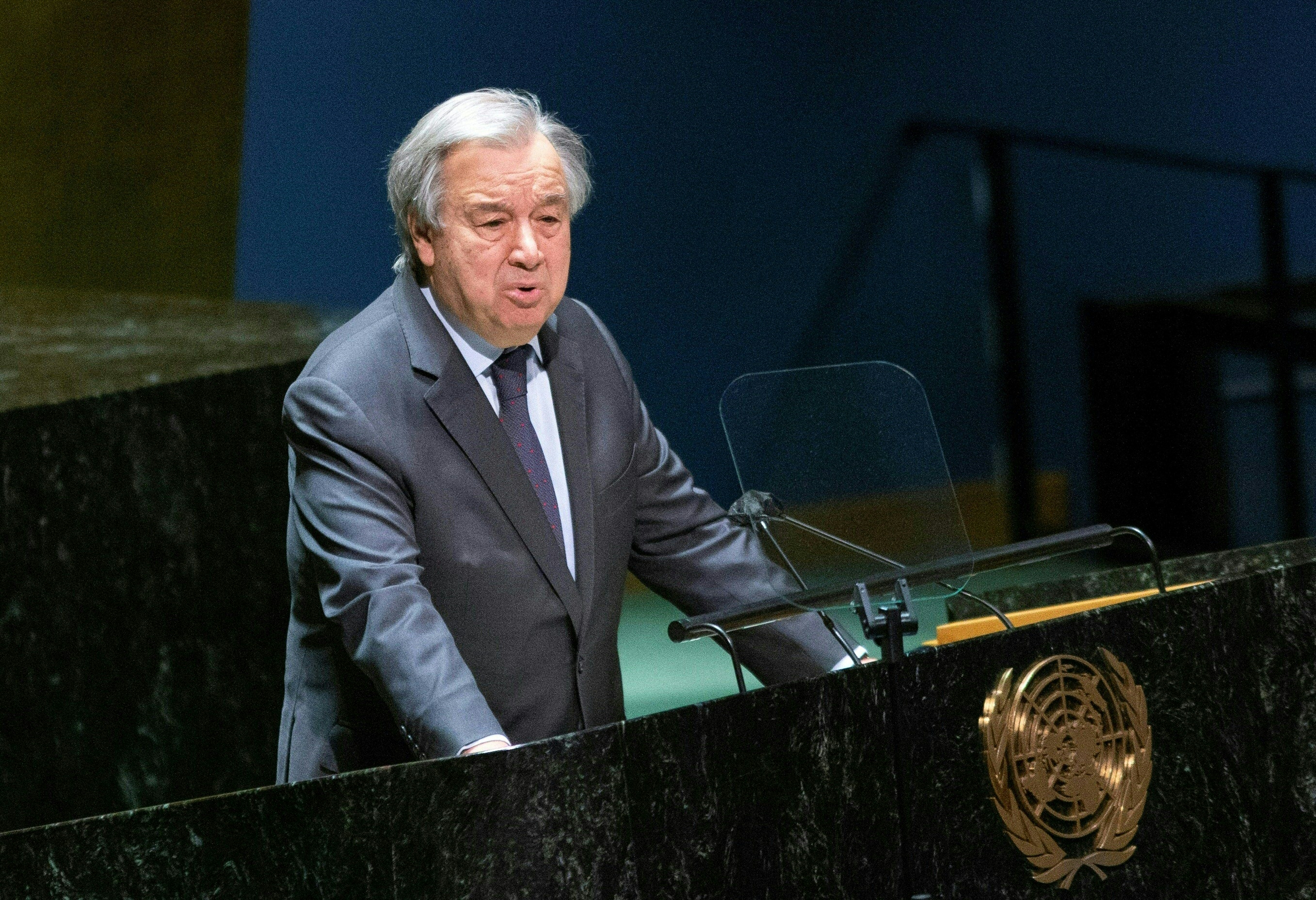 UN Secretary-General Antonio Guterres speaks on the Russia-Ukraine conflict at the General Assembly emergency special session in New York on February 28.