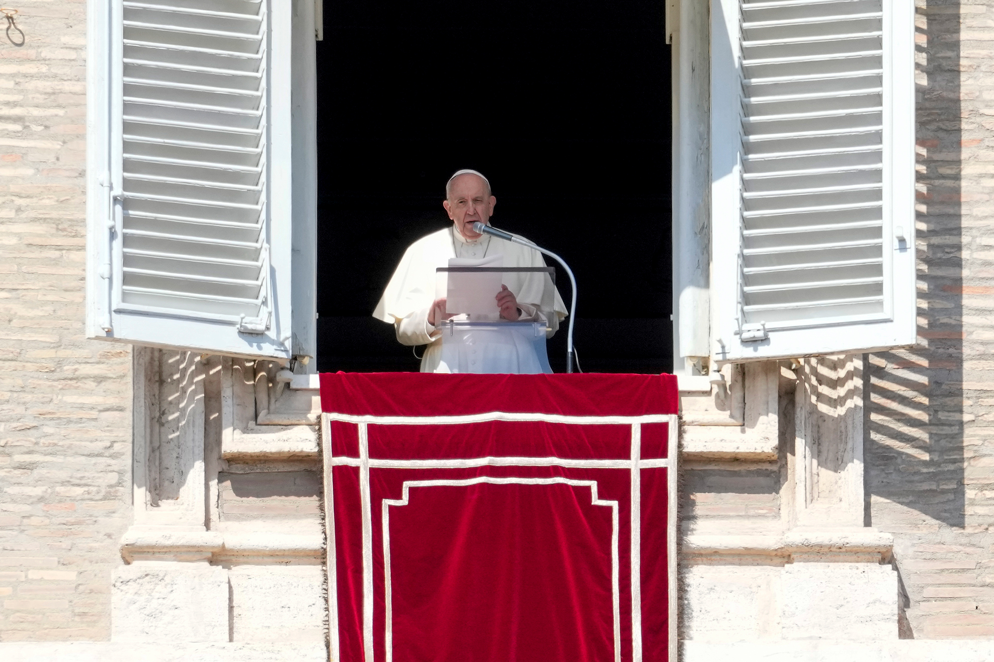 Pope Francis speaks from his studio overlooking St. Peter’s Square in Vatican City, on Sunday, March 20. 
