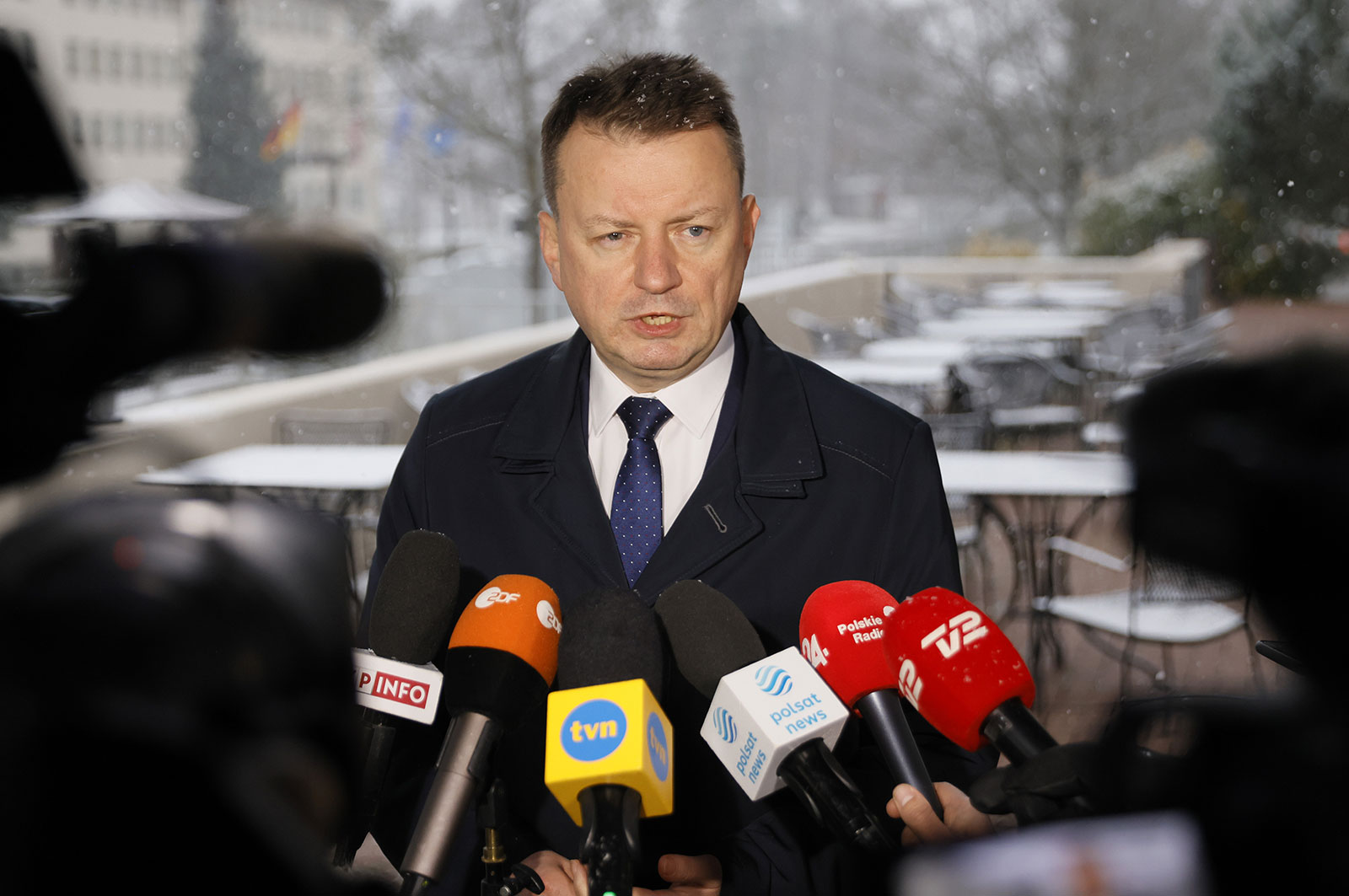 Poland's Minister of Defense Mariusz Blaszczak delivers a statement at Ramstein Air Base in Germany on Friday. 