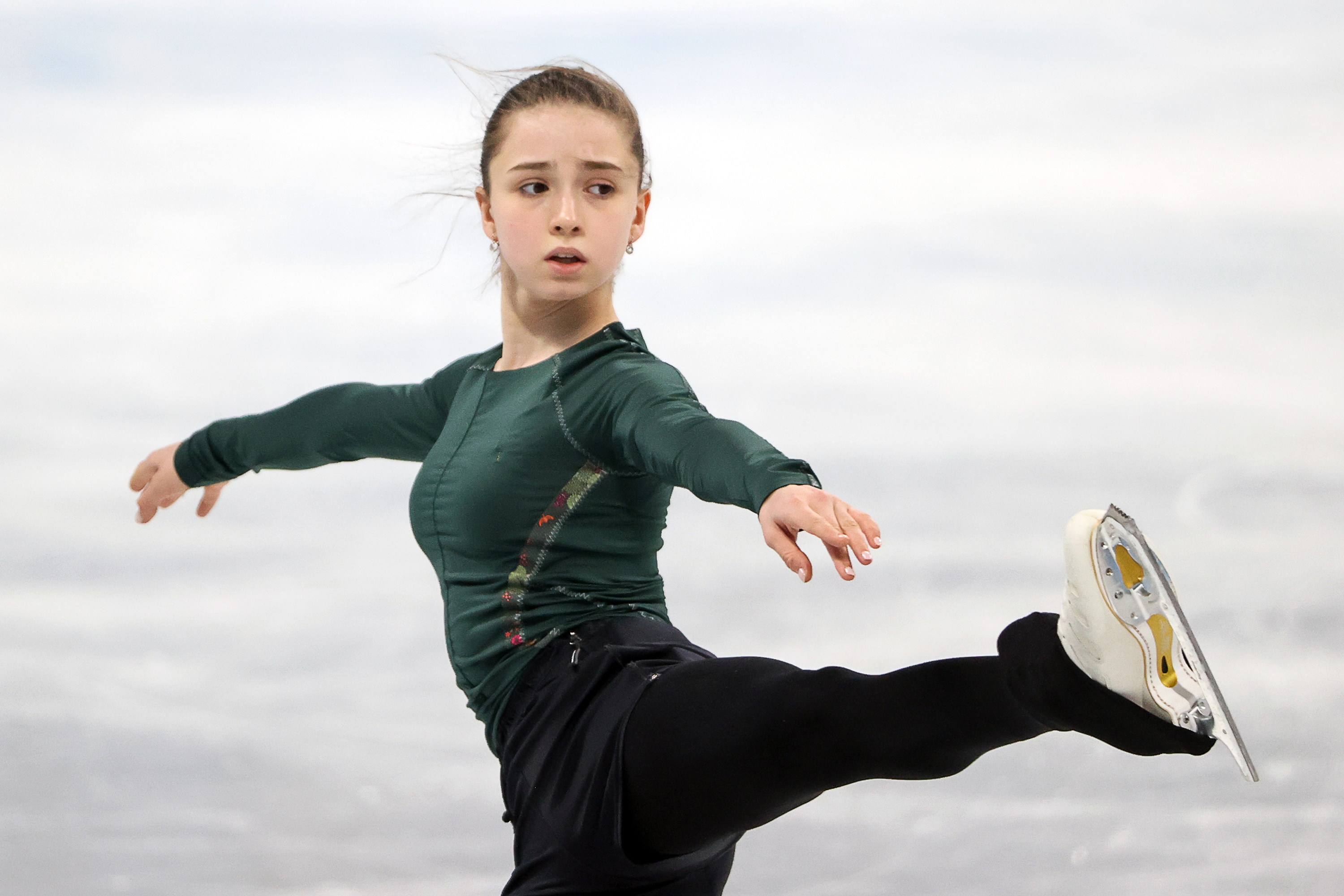 Team ROC figure skater Kamila Valieva is seen during a training session on Friday.