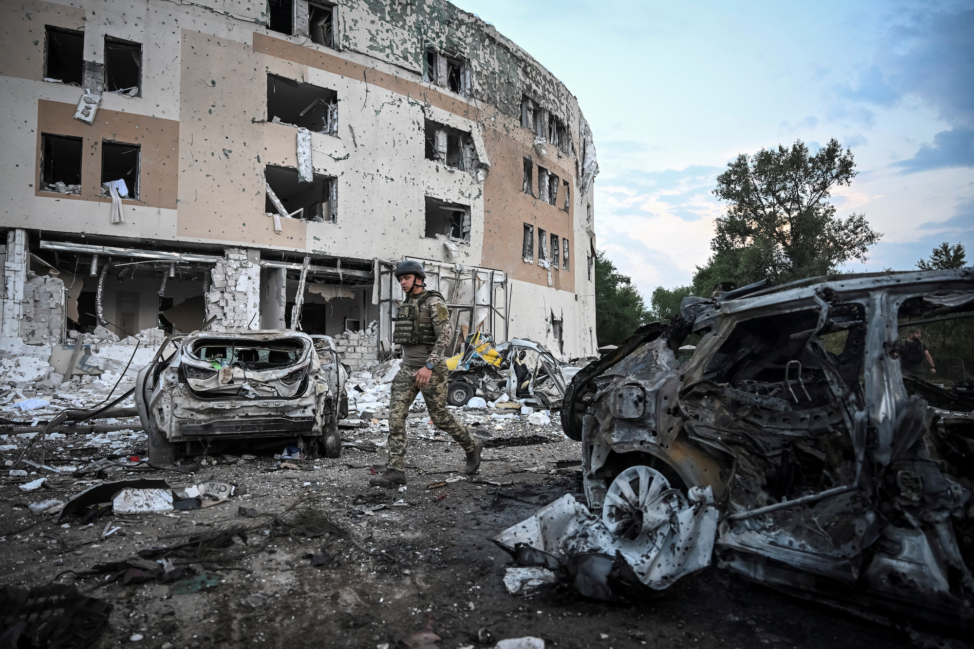 Damages are seen at the site of a Russian missile strike in Zaporizhzhia on Thursday.