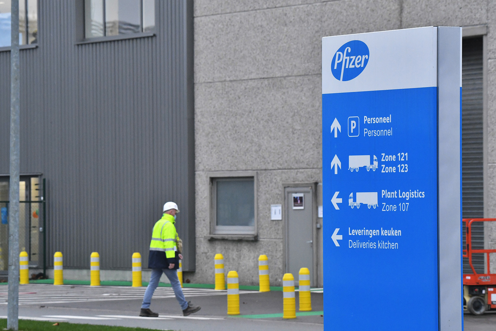 A worker near the Pfizer facility in Puurs, Belgium, on December 3.