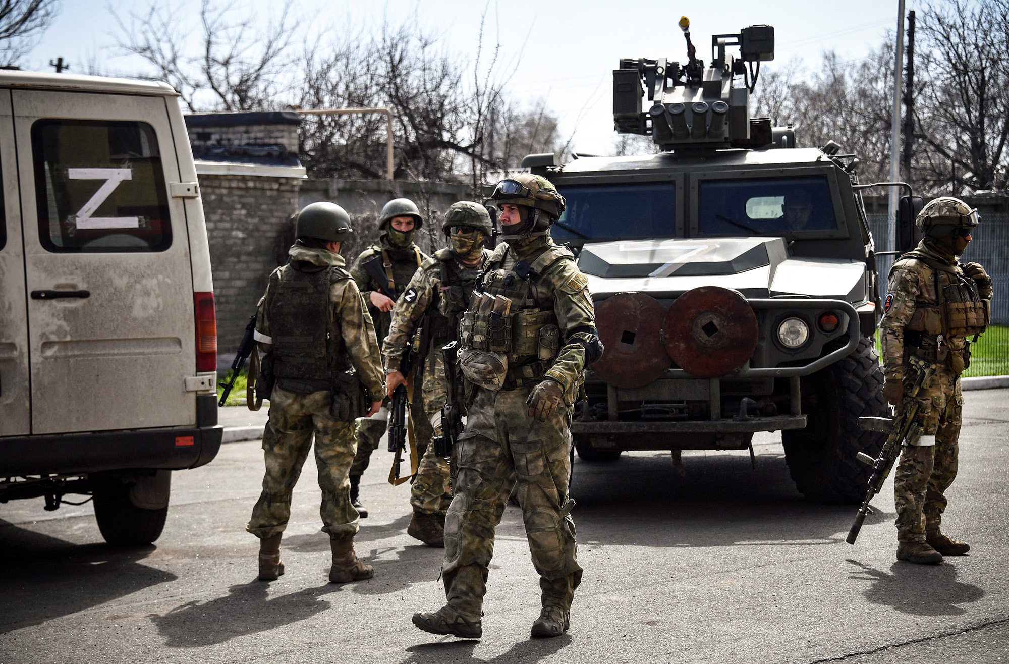 Russian soldiers patrol a street in Volnovakha in the Donetsk region, Ukraine, on April 11.