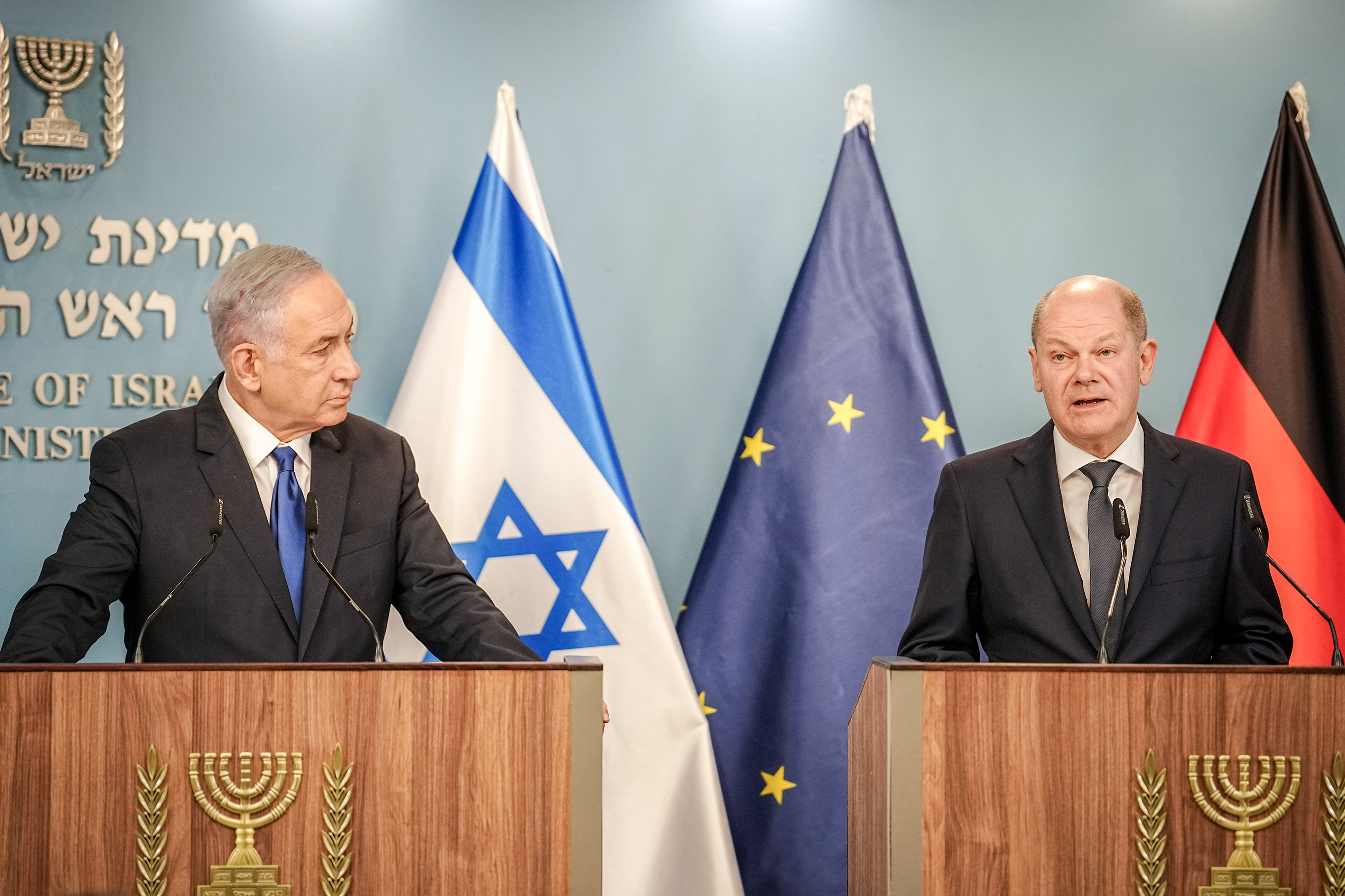 German Chancellor Olaf Scholz (Right) and Israeli Prime Minister Benjamin Netanyahu give a press statement in Jerusalem, Israel, on March 17.