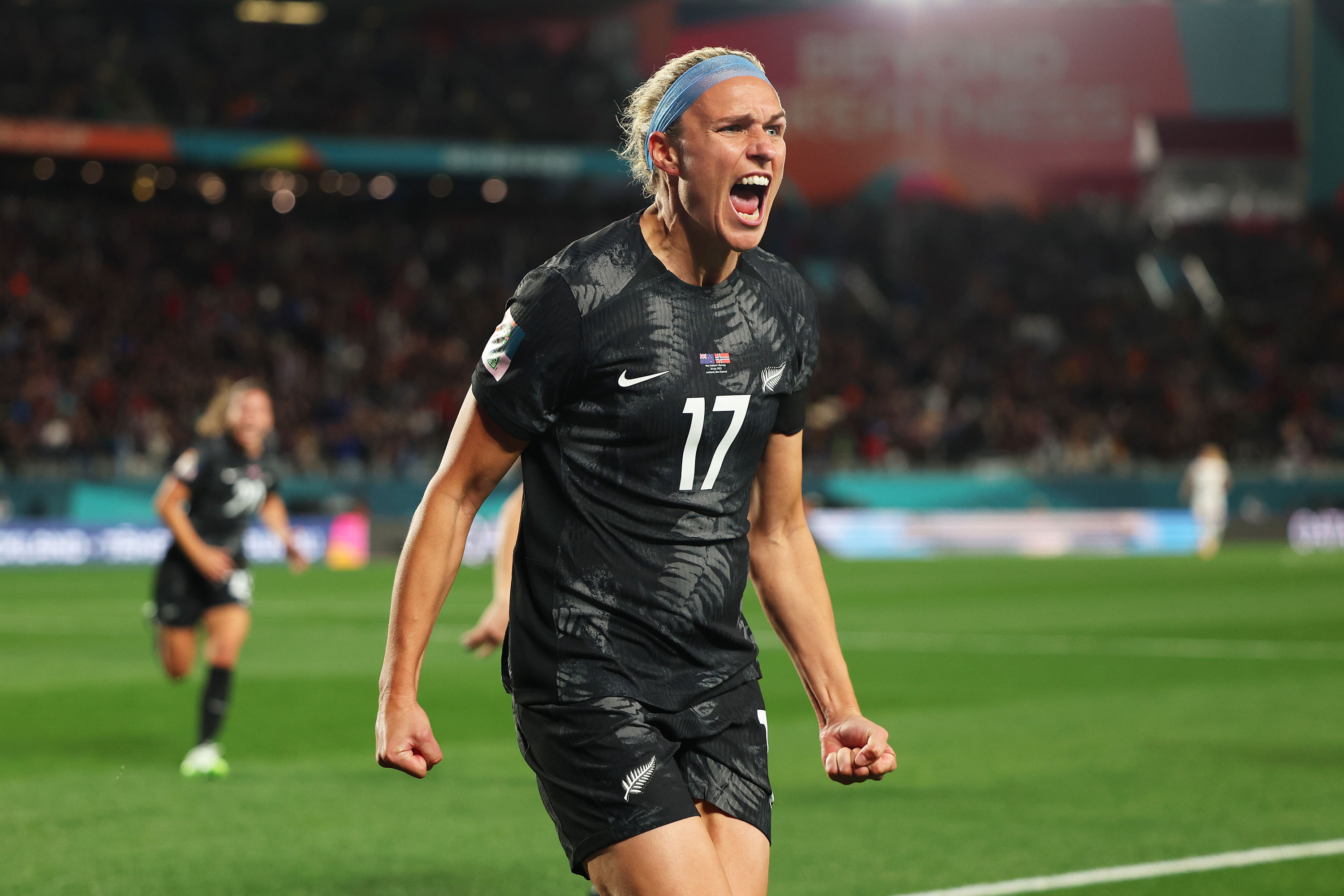 Hannah Wilkinson of New Zealand celebrates after scoring her team's first goal on July 20.