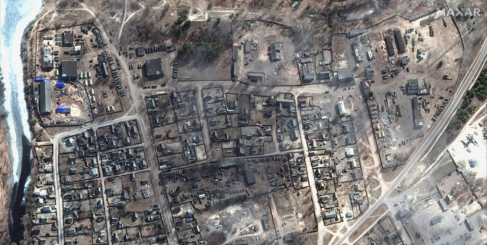 A satellite image shows an overview of a military compound in Naroulia, Belarus, on March 14.