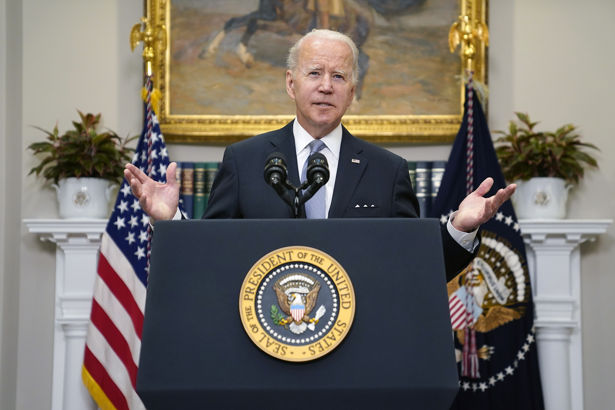 President Joe Biden delivers remarks on the Russian invasion of Ukraine, in the Roosevelt Room of the White House, Thursday, April 21, in Washington D.C. 