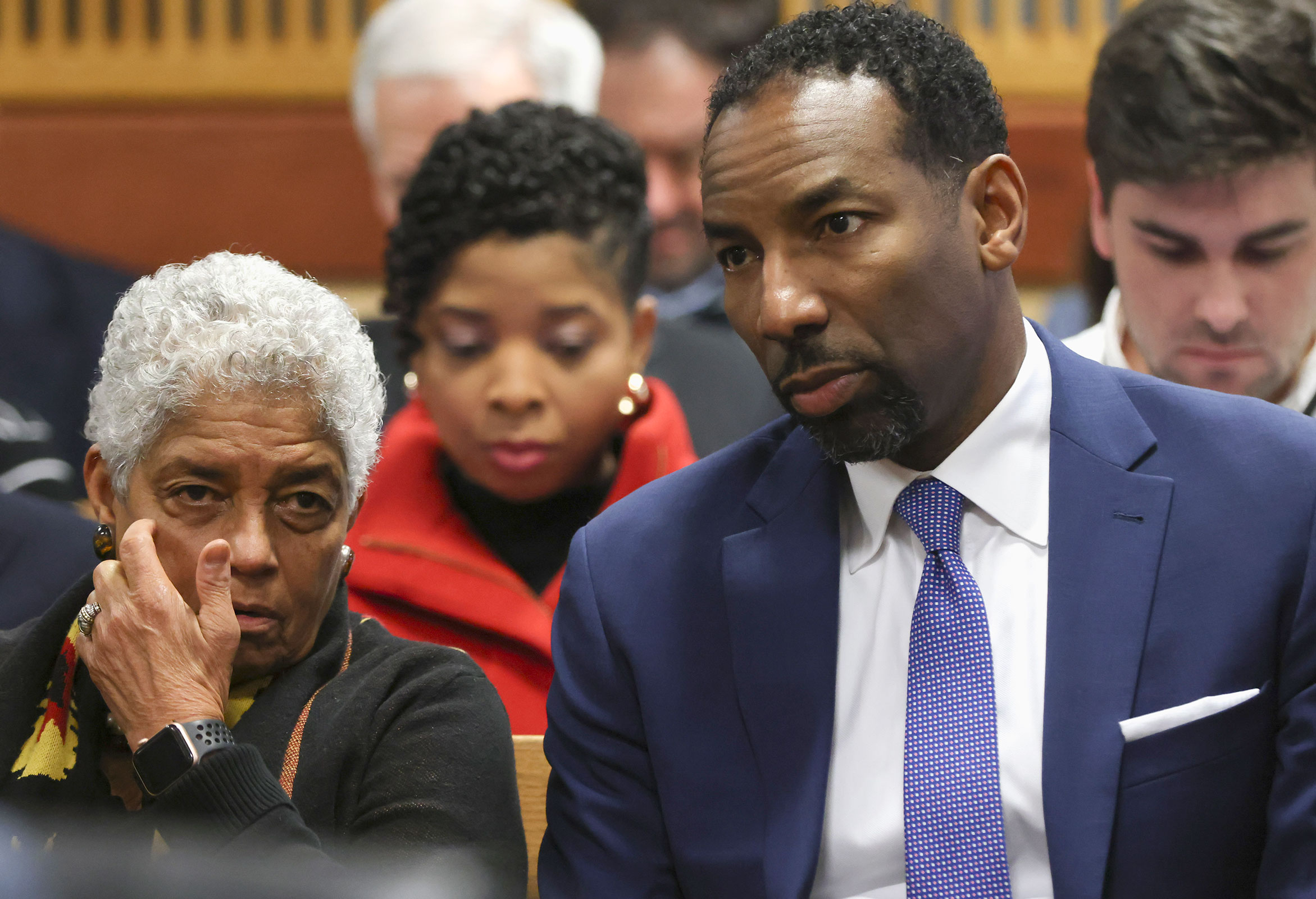 Former Atlanta Mayor Shirley Franklin and current Atlanta Mayor Andre Dickens talk amongst themselves as they sit in the gallery during a hearing in the case of the State of Georgia v. Donald John Trump at the Fulton County Courthouse on February 16, in Atlanta.