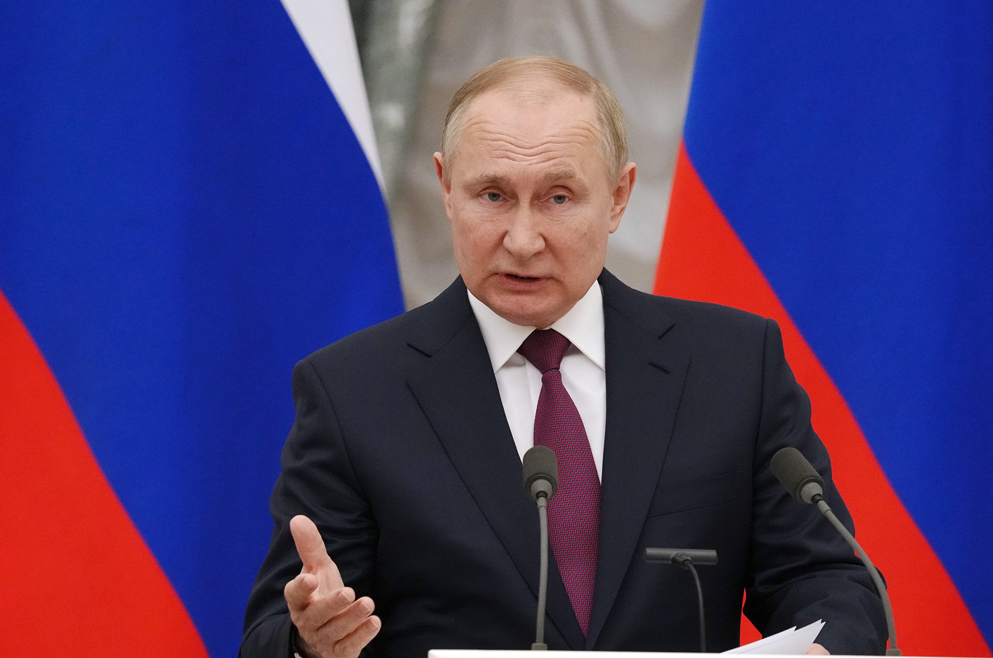 Russian President Vladimir Putin speaks at a joint press conference with German Chancellor Olaf Scholz after several hours of one-on-one talks in the Kremlin on February 15 in Moscow, Russia.