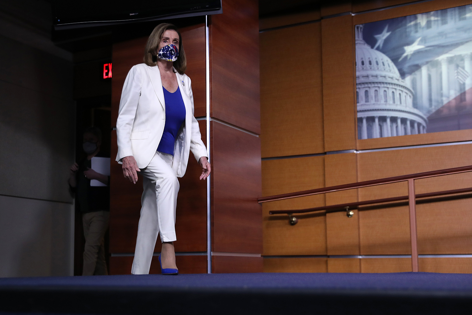 Speaker of the House Nancy Pelosi arrives for her weekly news conference in the House Visitors Center at the U.S. Capitol on October 1, in Washington.