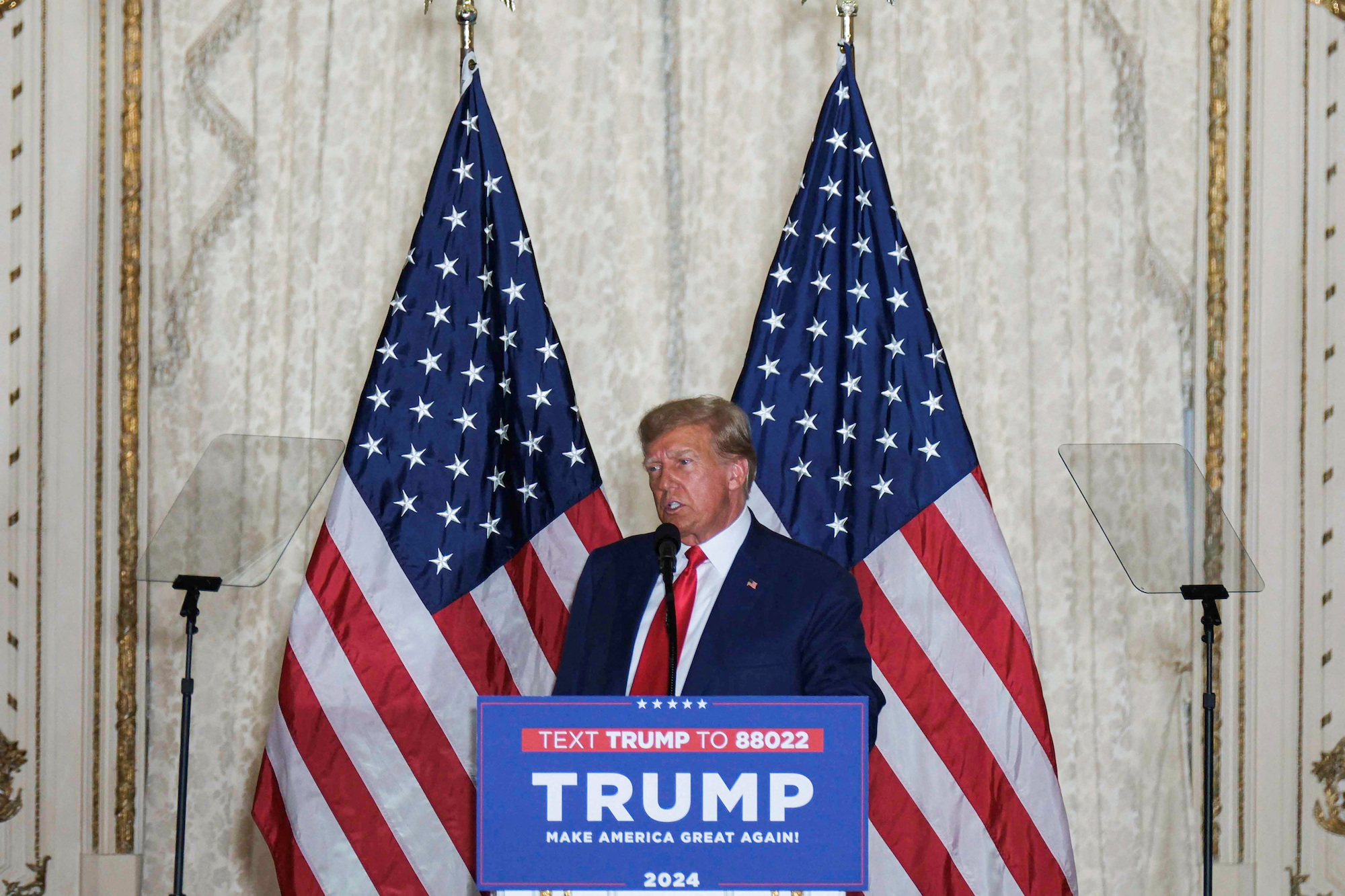 Former President Donald Trump delivers remarks at Mar-a-Lago on Tuesday night.