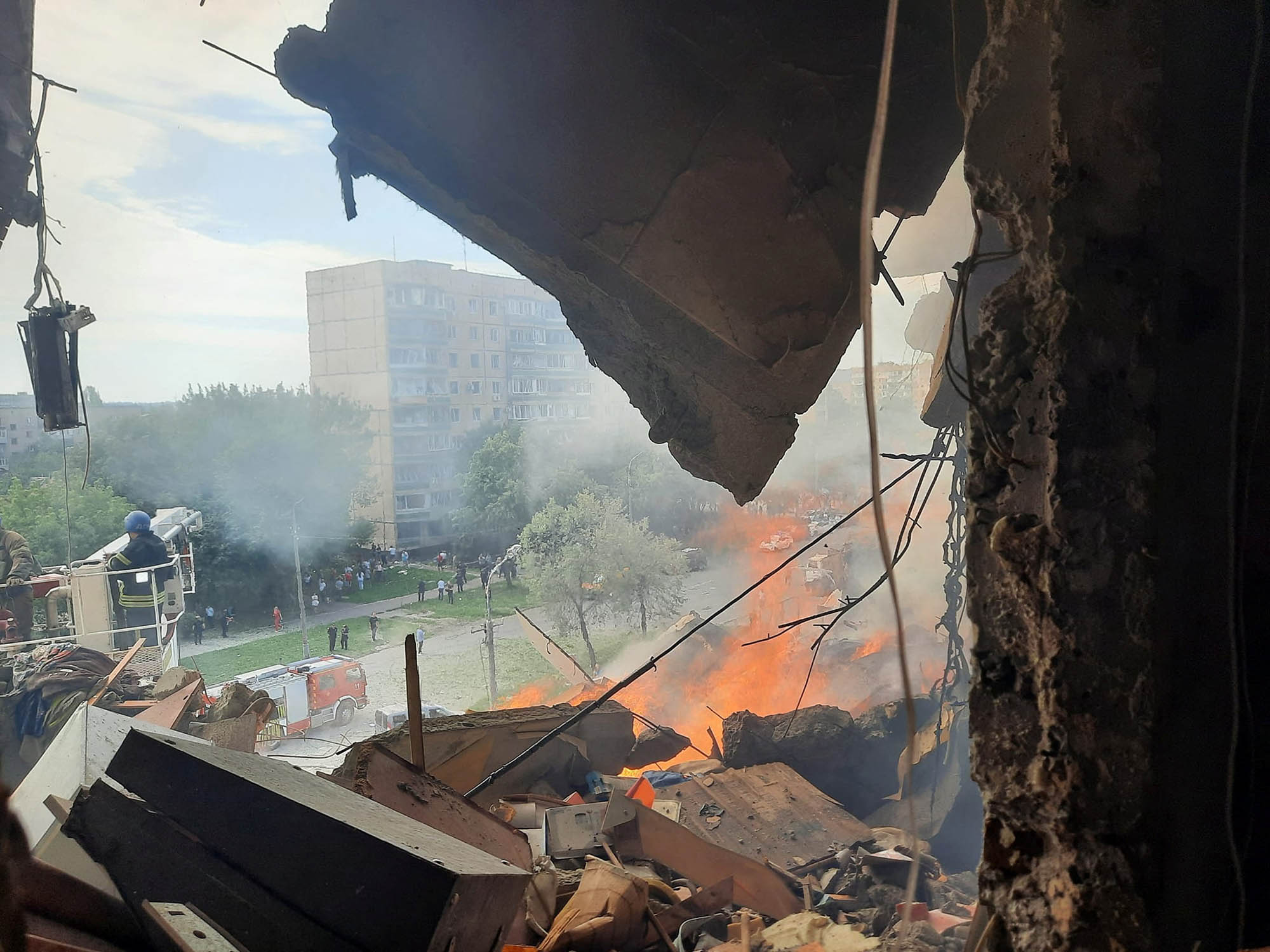 A view shows an apartment building heavily damaged by a Russian missile strike in Kryvyi Rih, Ukraine, on July 31. 