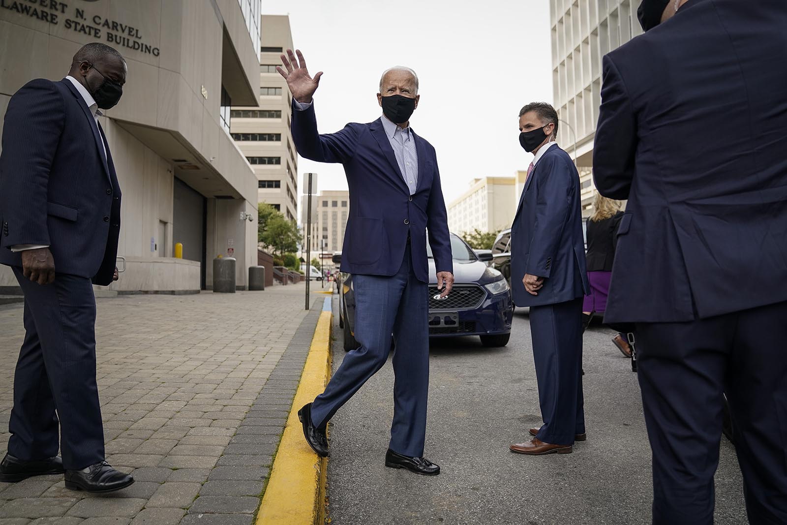 Democratic presidential nominee Joe Biden departs the Delaware State Building after early voting in the state's primary election on September 14 in Wilmington, Delaware.