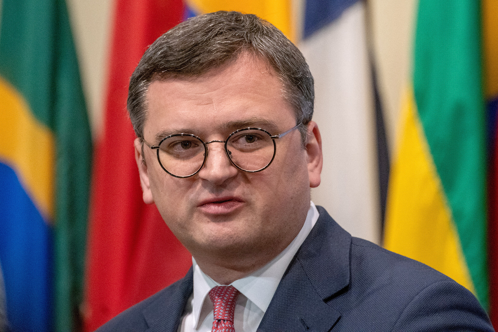 Ukrainian Minister of Foreign Affairs Dmytro Kuleba addresses the media during a press encounter at the United Nations at U.N. headquarters in New York City, on February 24.