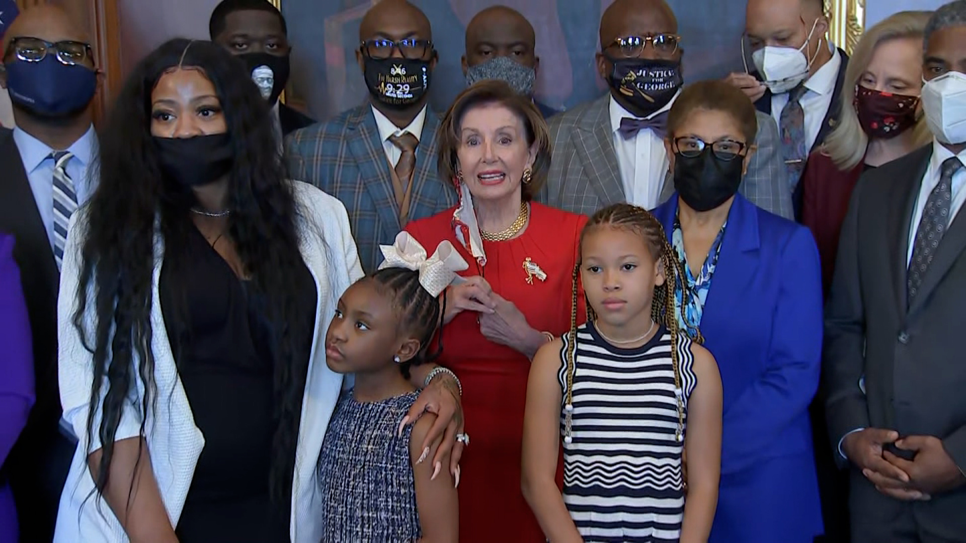 Gianna Floyd, the daughter of George Floyd, looks on as House Speaker Nancy  Pelosi, D-CA, speaks alongside members of the Floyd family, prior to a  meeting to mark the anniversary of the