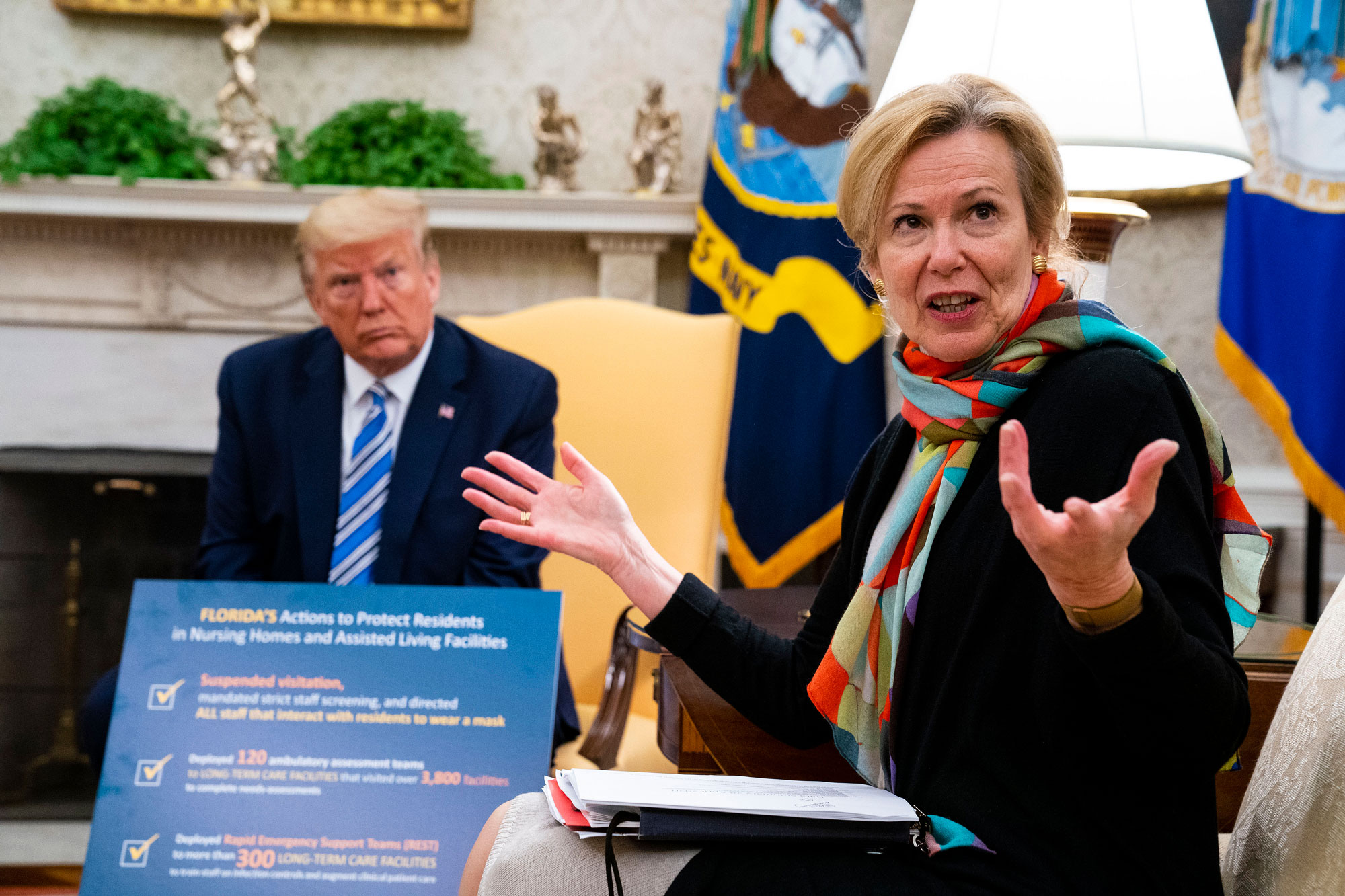 White House Coronavirus Task Force Coordinator Deborah Birx speaks during a meeting in the Oval Office of the White House on April 28, in Washington.