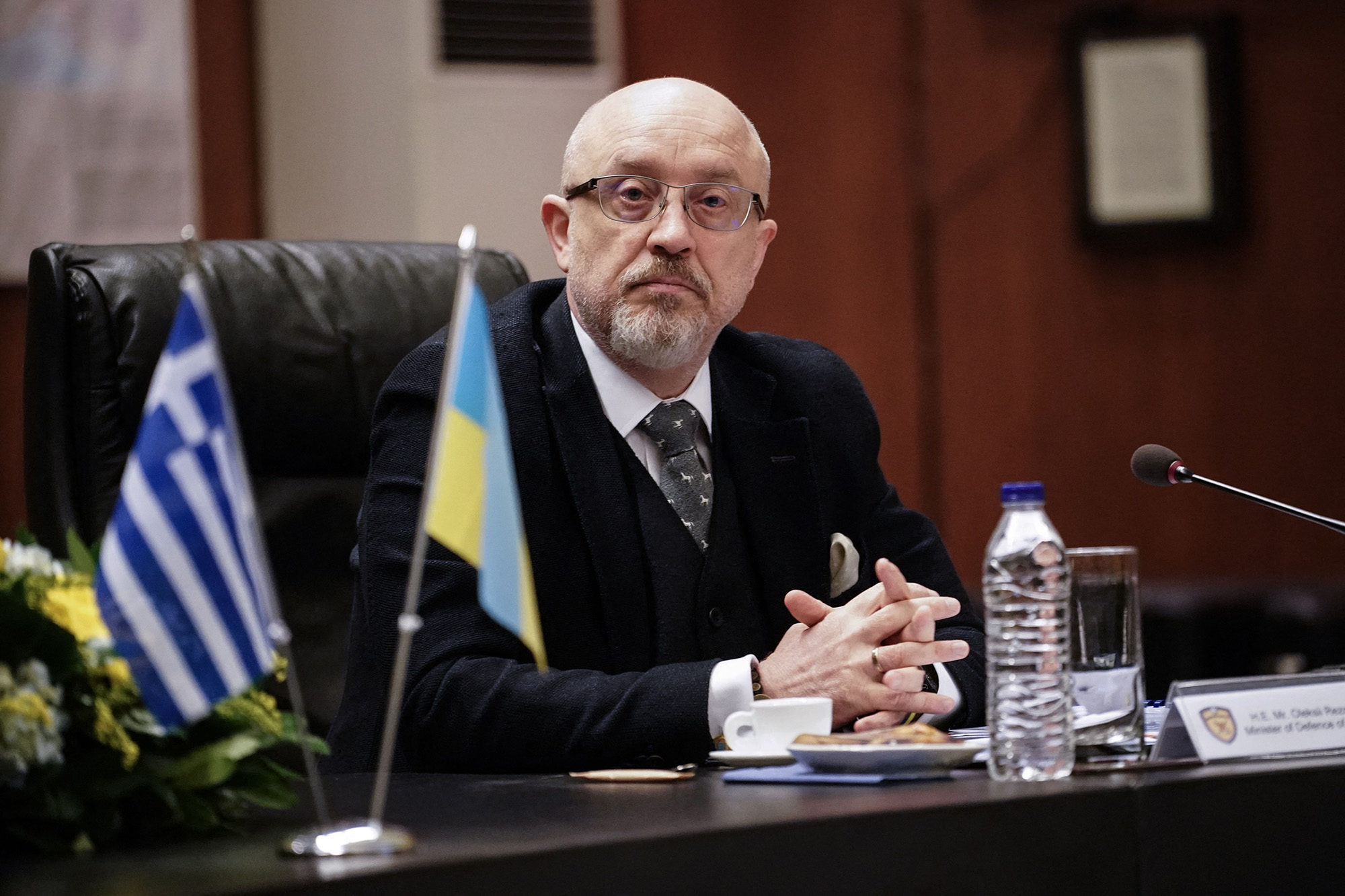 Ukraine's Minister of Defence Oleksii Reznikov during his meeting with his Greek counterpart Nikos Panagiotopoulos, in Athens, Greece, on April 6.