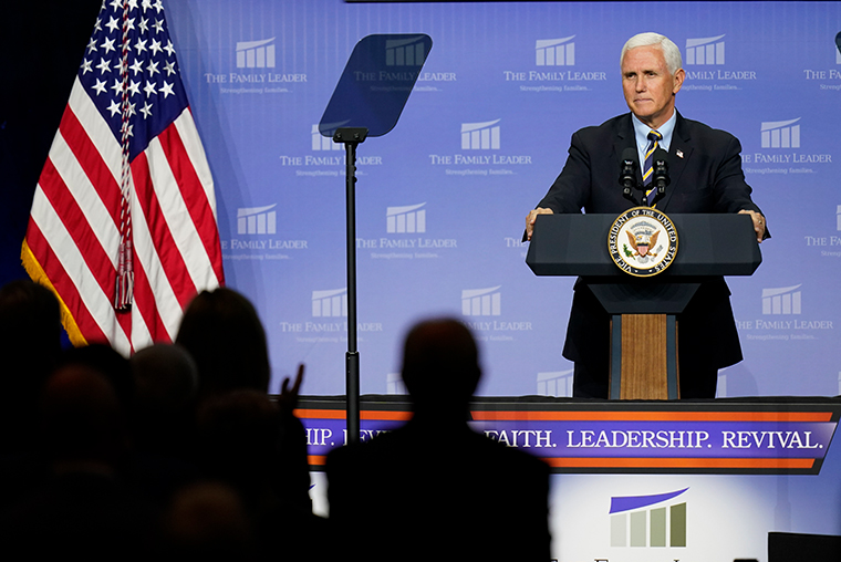 Vice President Mike Pence speaks at an event hosted by The Family Leader Foundation Thursday, Oct. 1, 2020, in Des Moines, Iowa. 