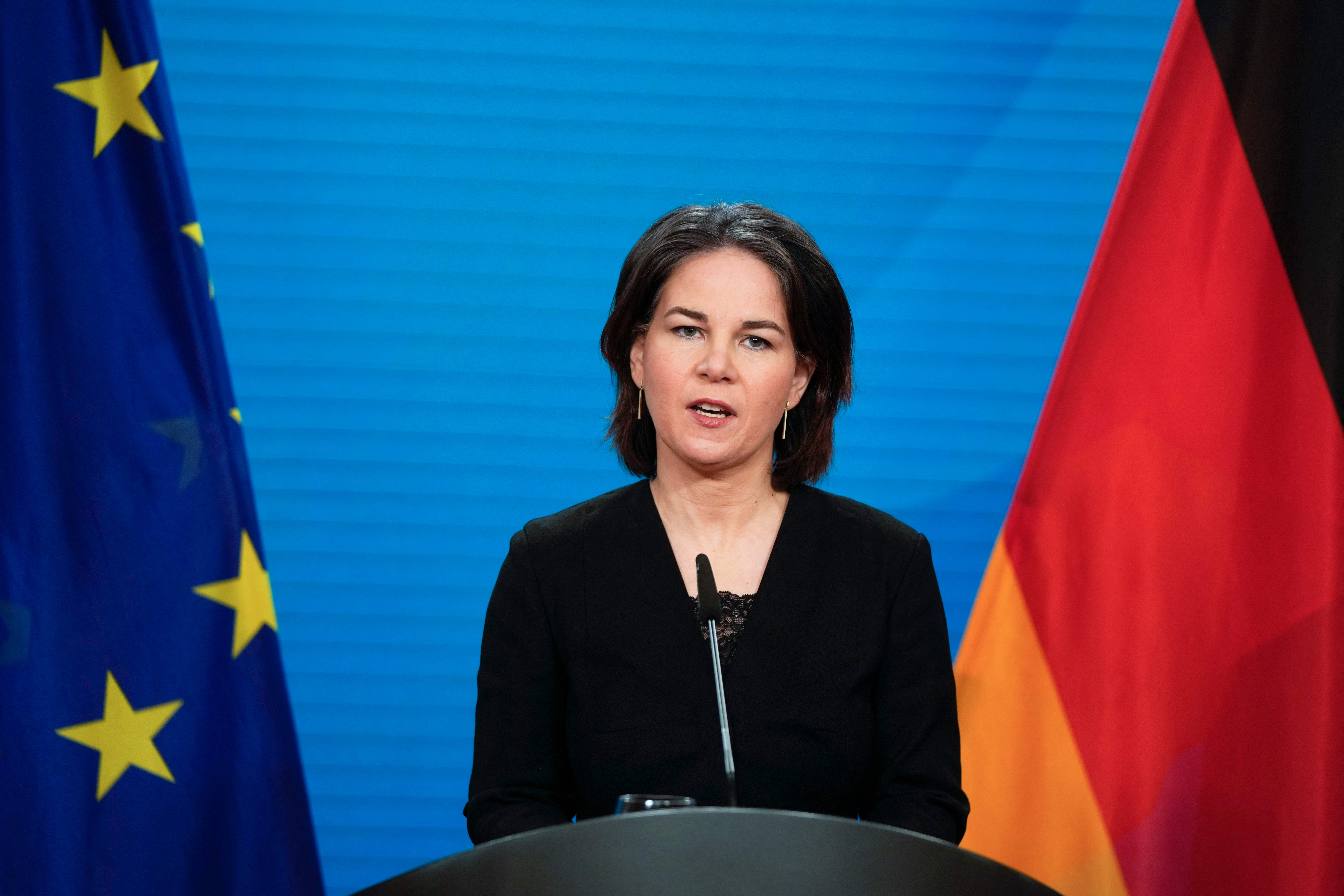 German Foreign Minister Annalena Baerbock briefs the media in Berlin, on February 24.