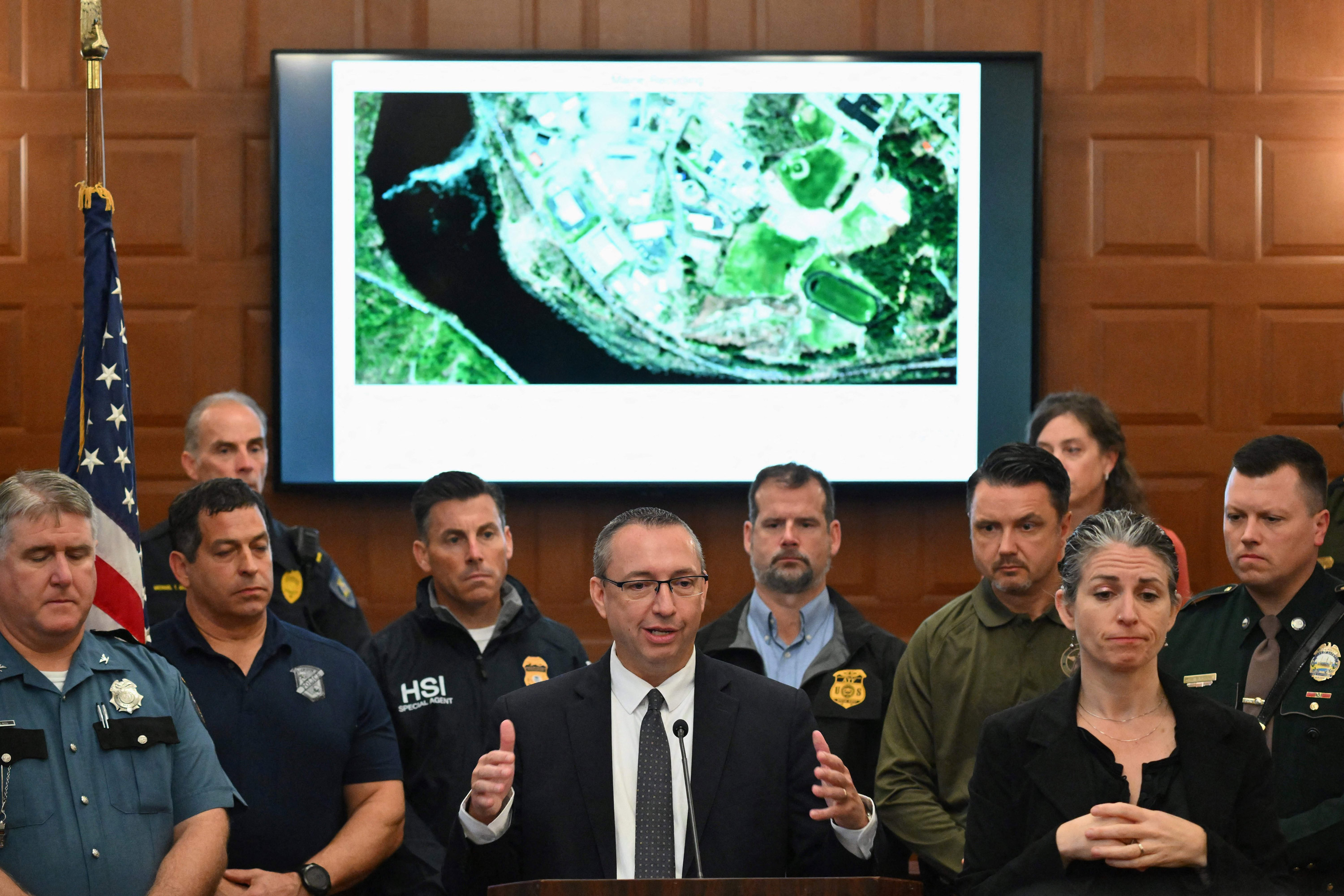 Maine Commissioner of Public Safety Mike Sauschuck speaks during a press conference at City Hall in Lewiston, Maine, on October 28, after the suspect in a mass shooting was found dead the previous day.