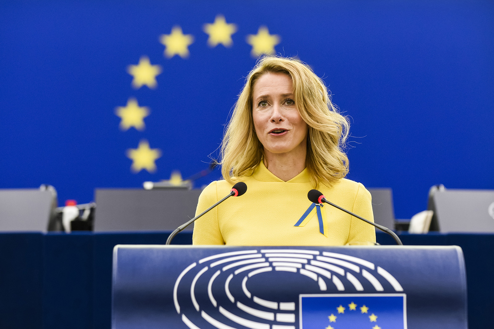 Estonian Prime Minister Kaja Kallas delivers a speech during a debate at the European Parliament in Strasbourg, France, on March 9 about the security situation in Europe following Russia's invasion of Ukraine