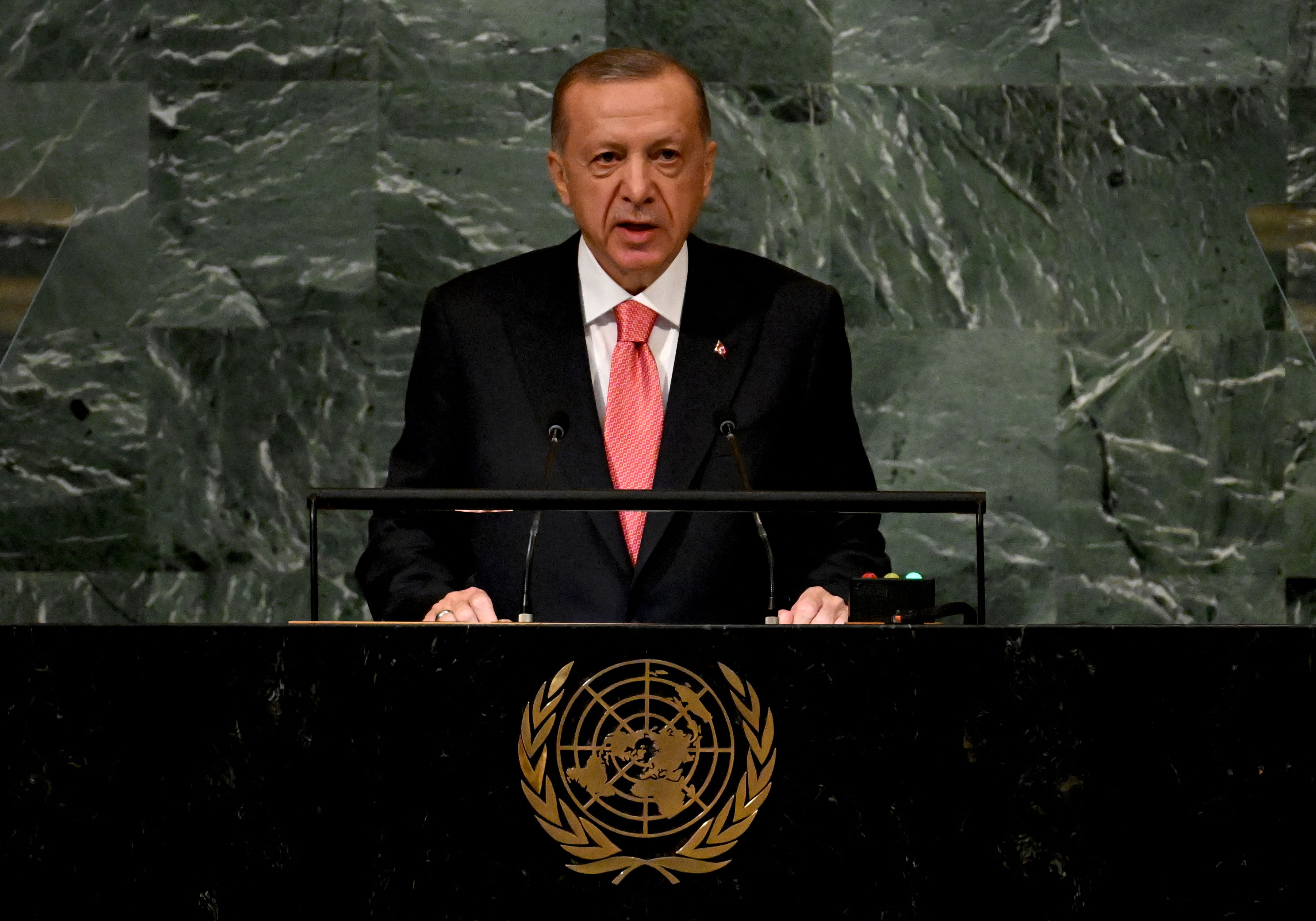 Turkish President Recep Tayyip Erdoğan addresses the 77th session of the United Nations General Assembly on Tuesday.