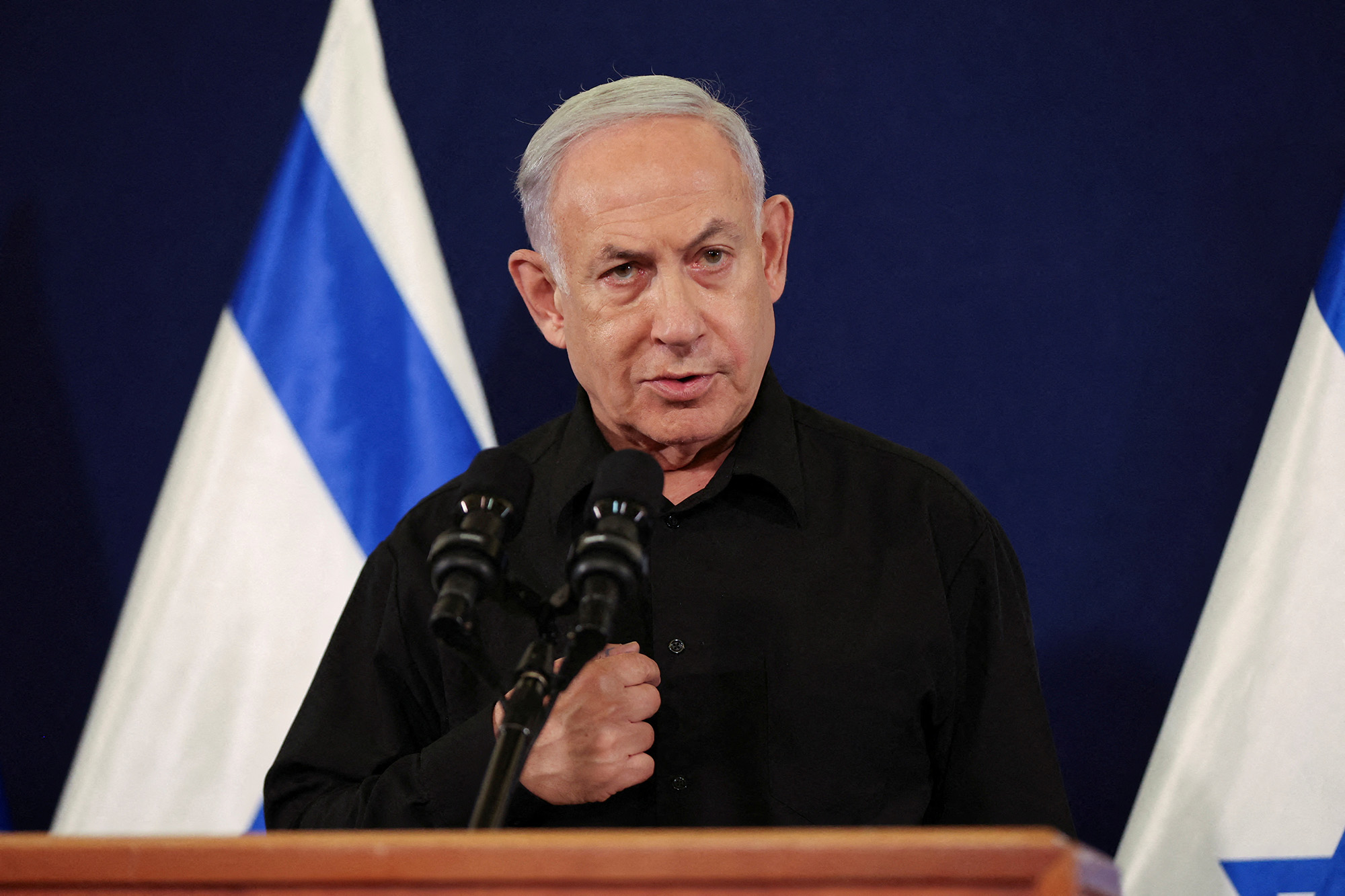 Israeli Prime Minister Benjamin Netanyahu holds a news conference in the Kirya military base in Tel Aviv, Israel, on October 28. 