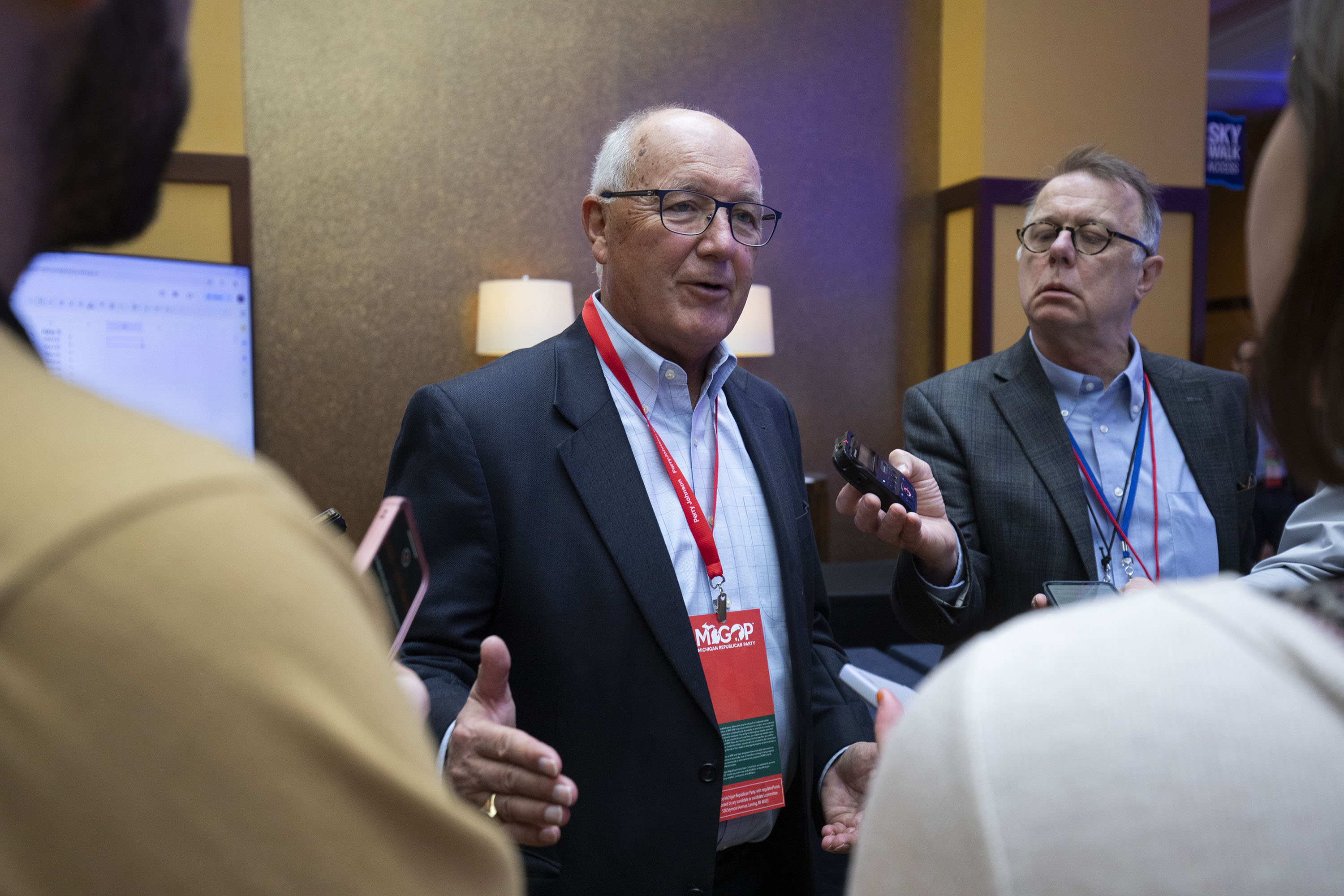 Pete Hoekstra, chairman of the Michigan Republican Party, speaks with reporters at a GOP convention in Grand Rapids, Michigan, on March 2.