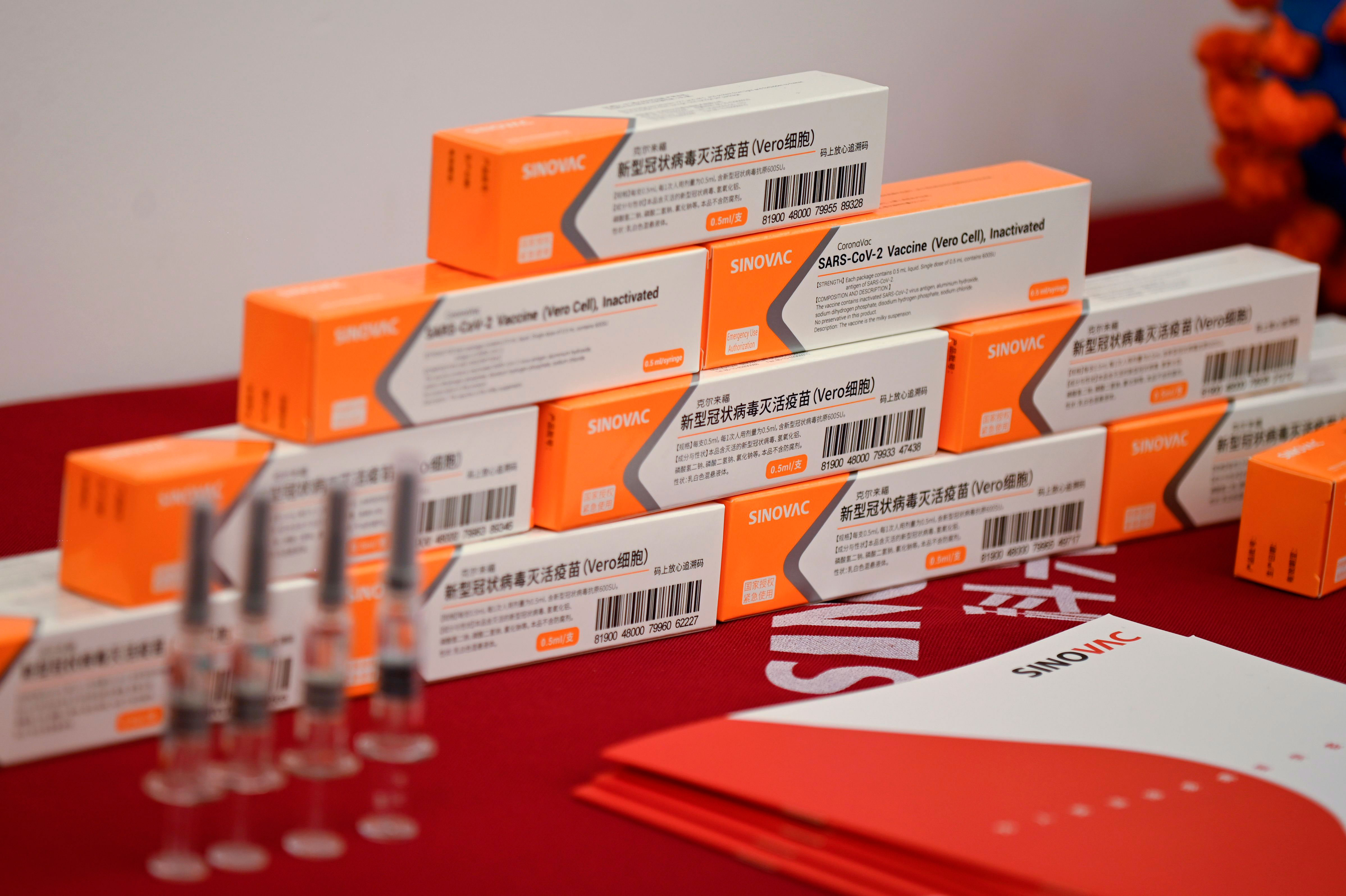 Sinovac Covid-19 vaccines are displayed at a press conference in Beijing in September 2020.