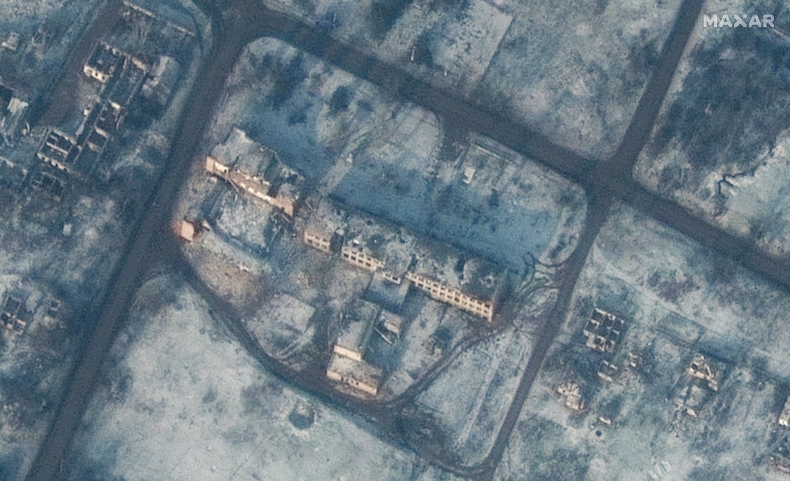 Satellite imagery shows a destroyed shows a destroyed school in Soledar on January 3, 2022.